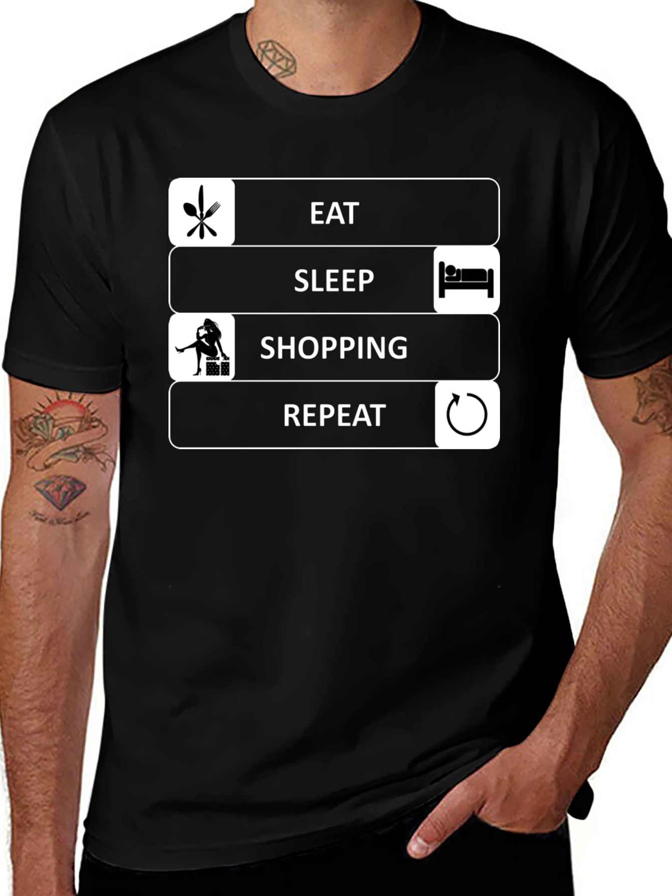 Variant 30 of Eat Sleep Shopping Repeat Black T-Shirt