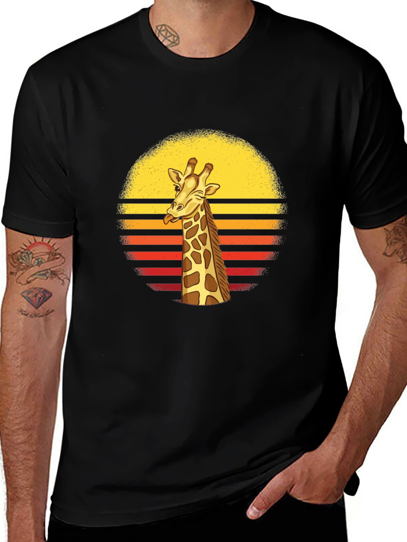 Funny Giraffe Retro Sunset Men's Black T-Shirt