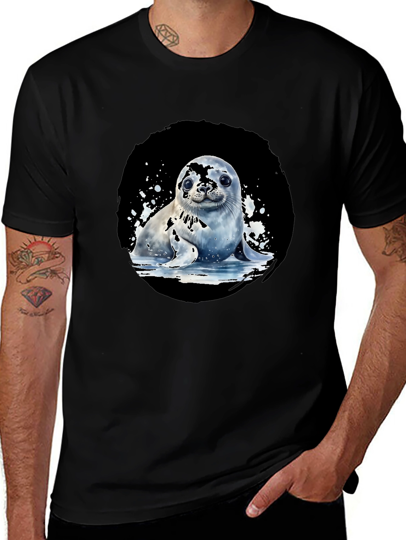 Variant 15 of Cute Seal Pup Graphic T-Shirt - Black Cotton