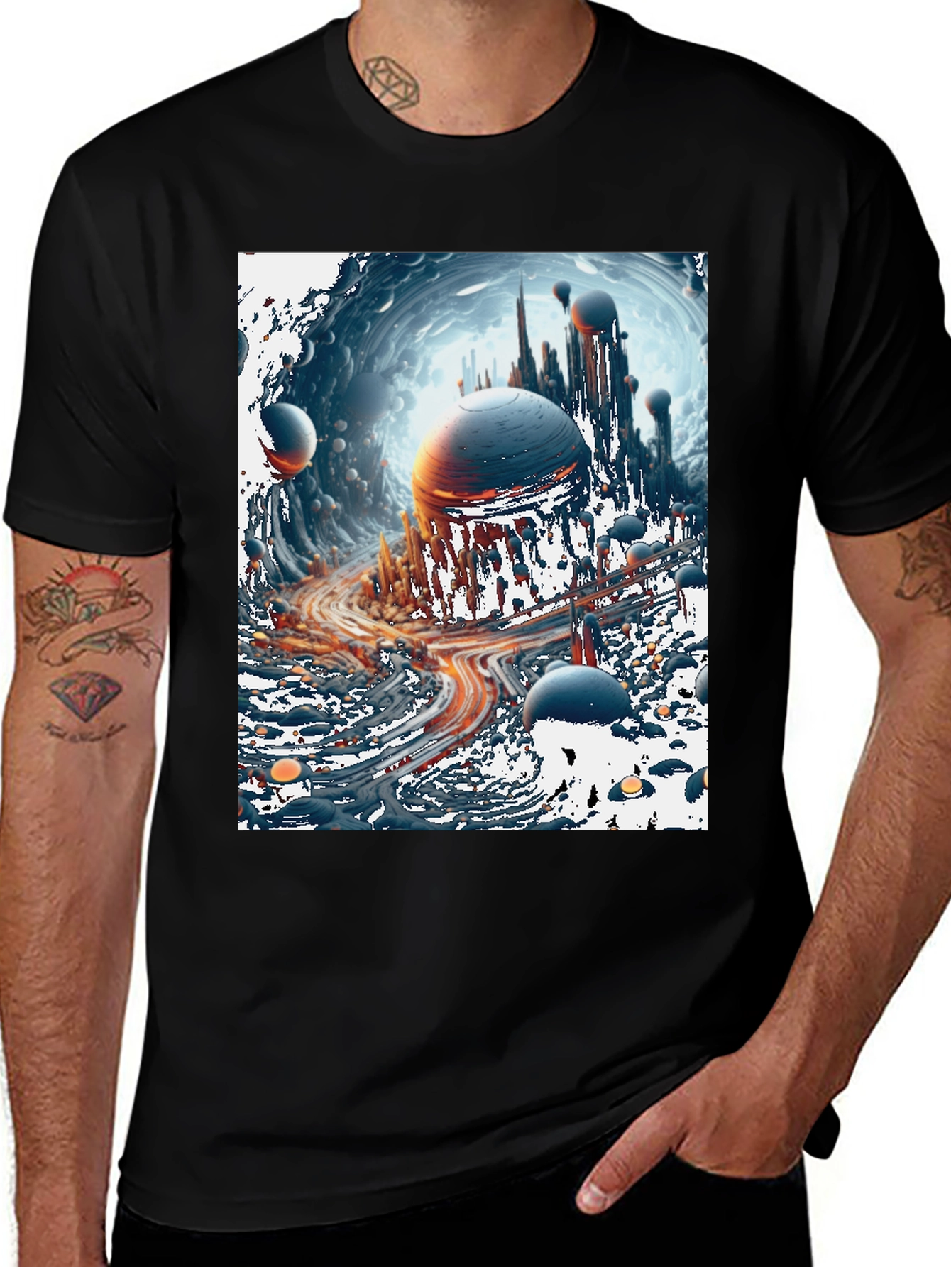 Variant 10 of Sci-Fi Cityscape Graphic Tee - Bold Black Cotton T-Shirt