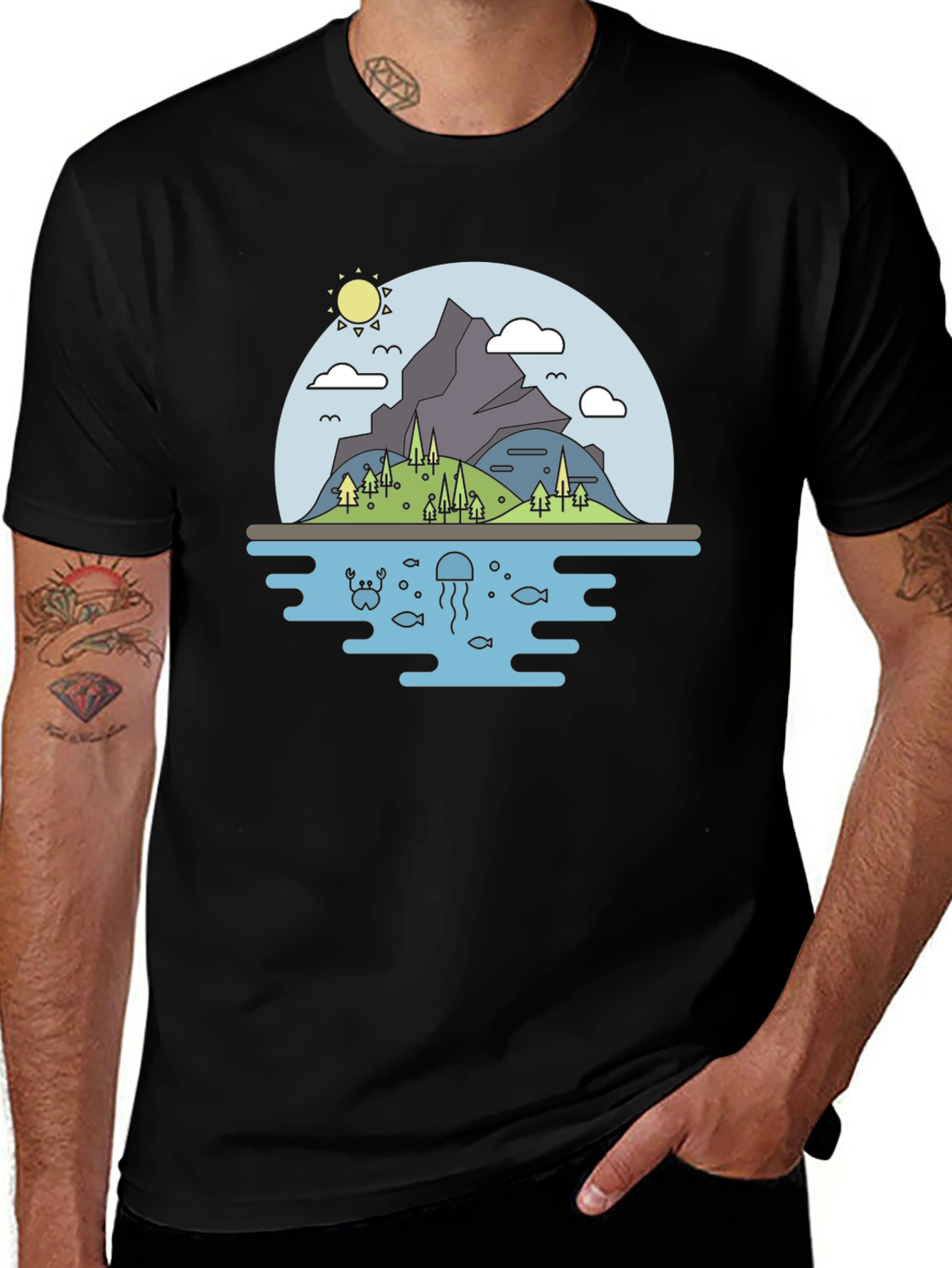 Variant 30 of Nature Scene Graphic T-Shirt - Black Cotton Tee