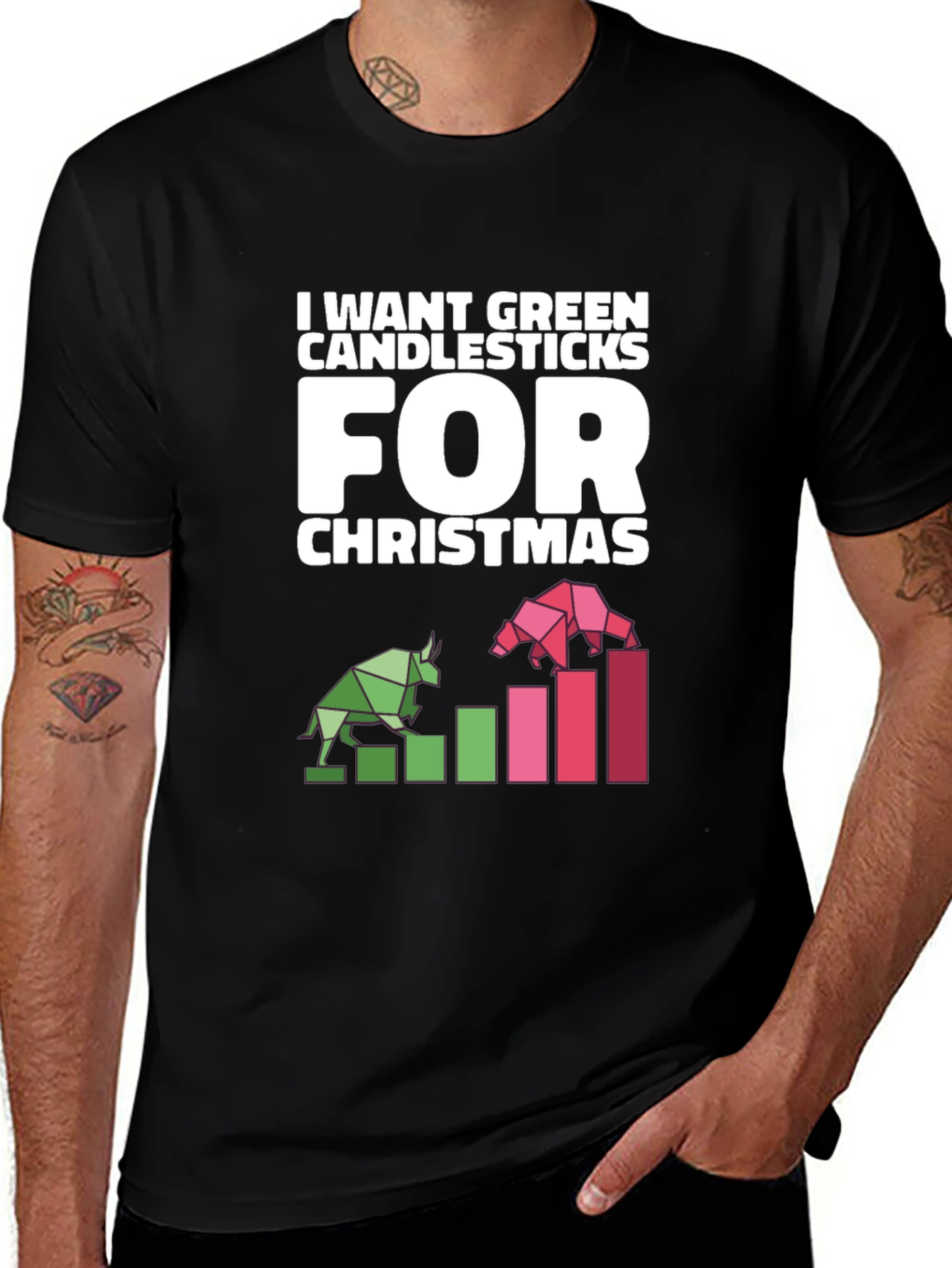 Green Candlesticks Christmas T-Shirt - Stock Market Bull Bear