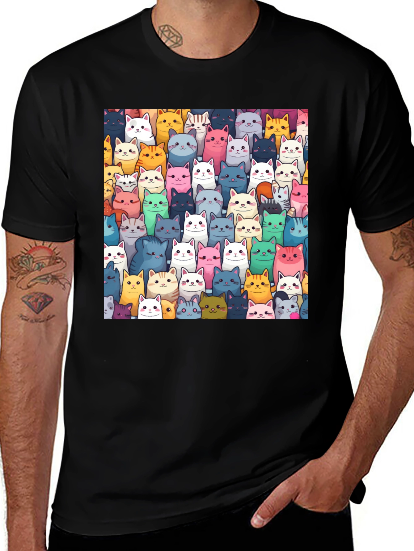 Variant 13 of Cartoon Cat Print Black T-Shirt