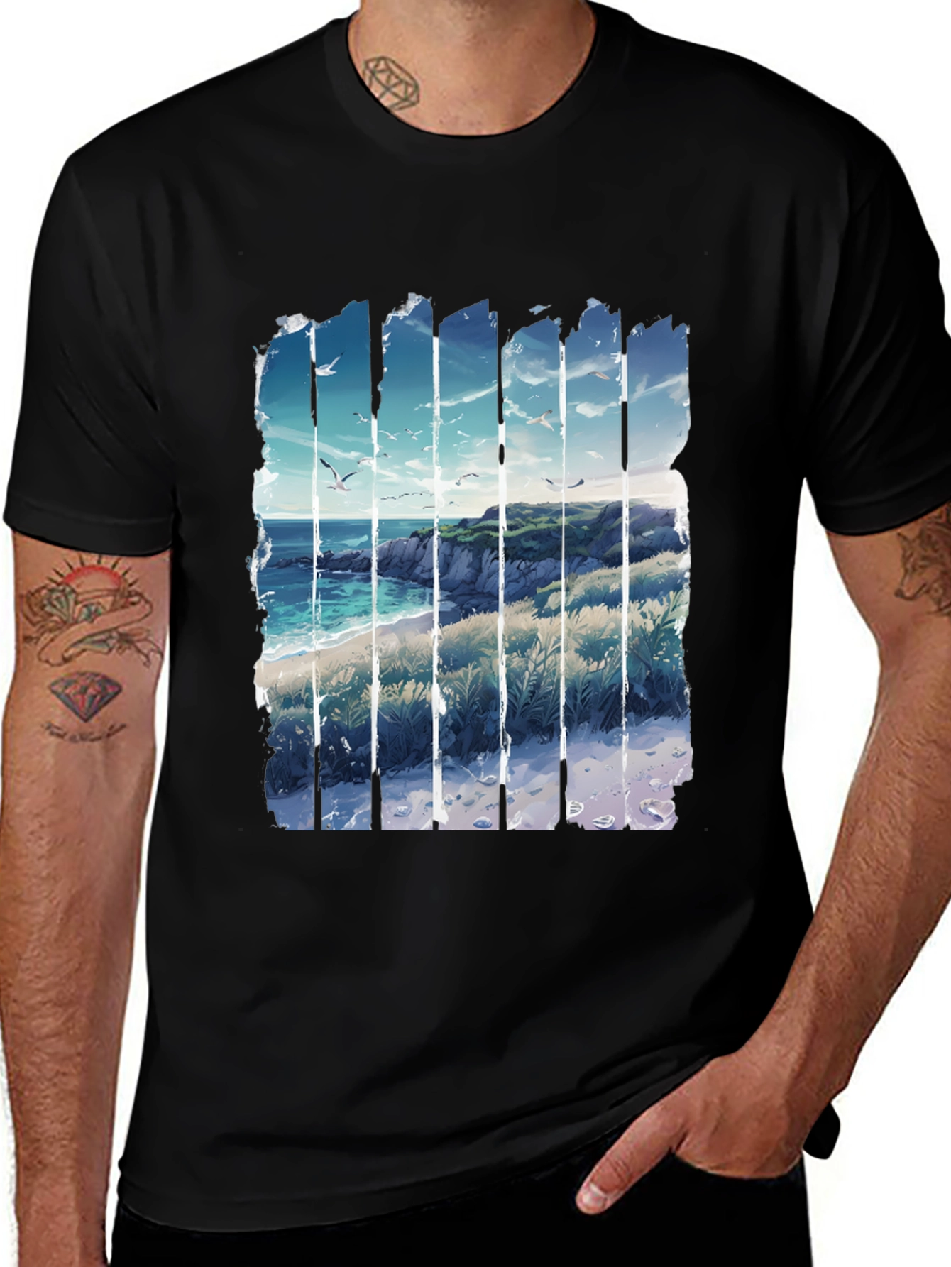 Variant 15 of Coastal Vista Graphic Tee - Black Cotton T-Shirt