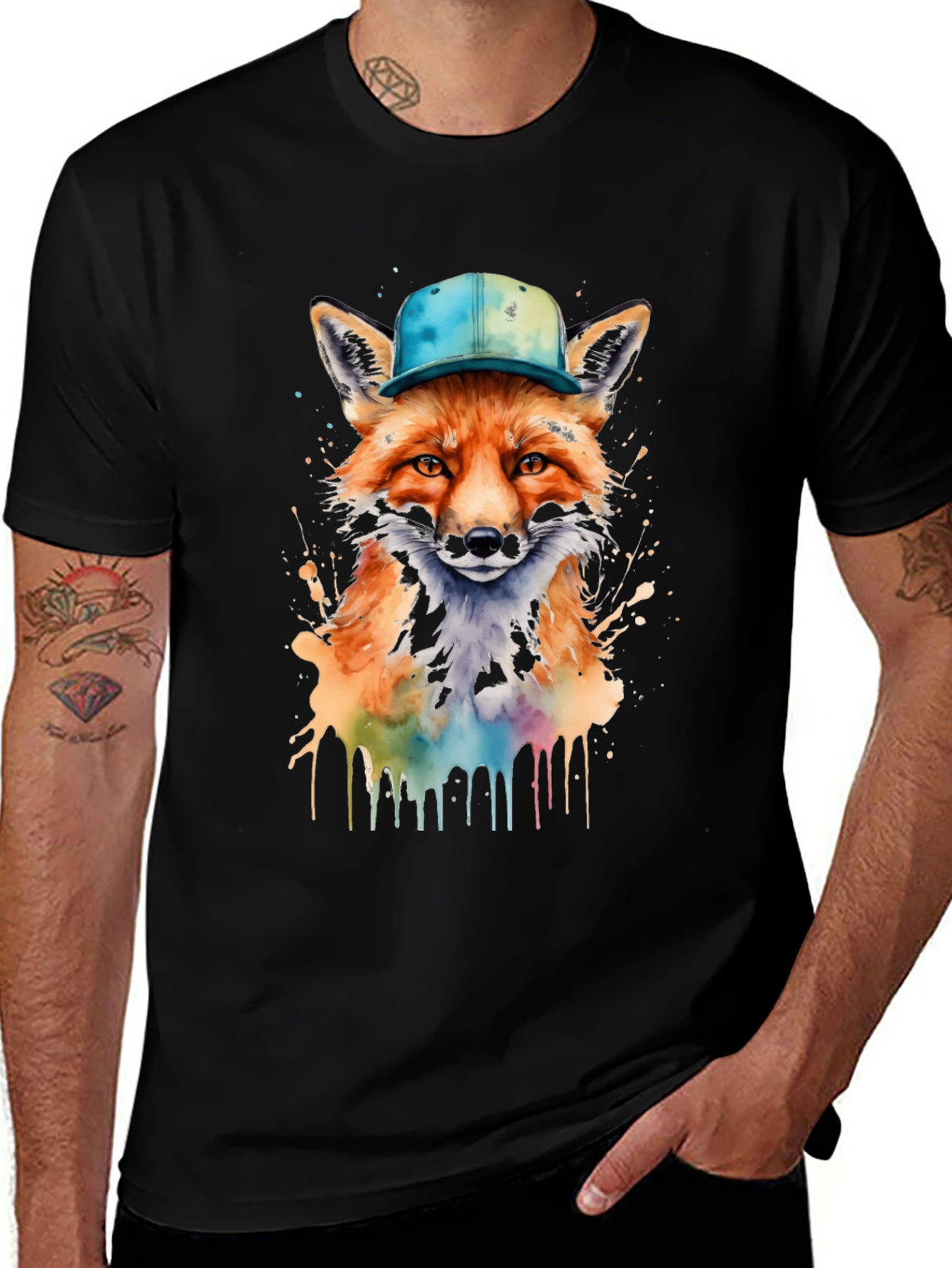 Variant 30 of Fox with Hat Graphic T-Shirt - Unique Watercolor Design