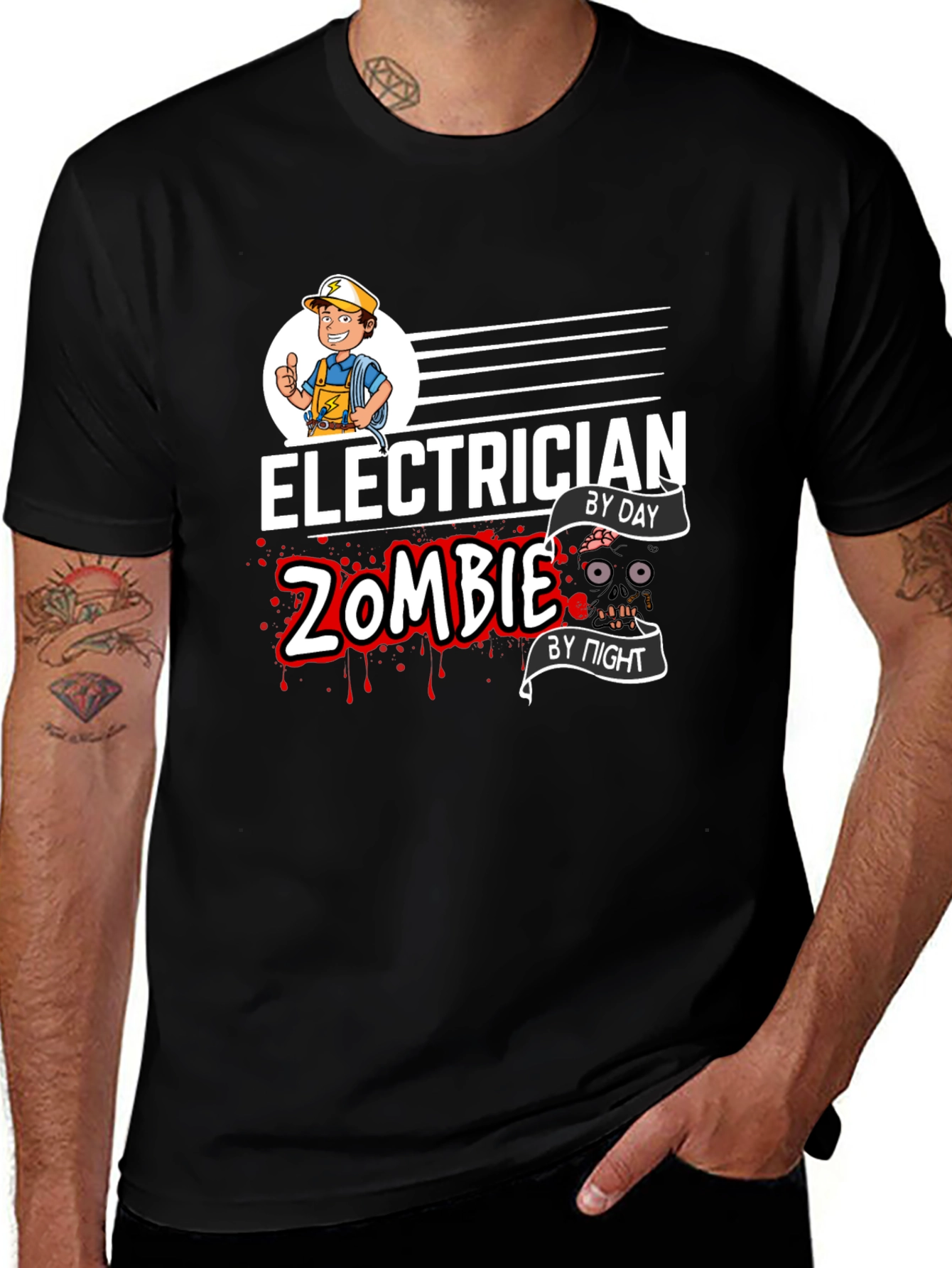 Variant 12 of Electrician Zombie By Day By Night Black Graphic T-Shirt
