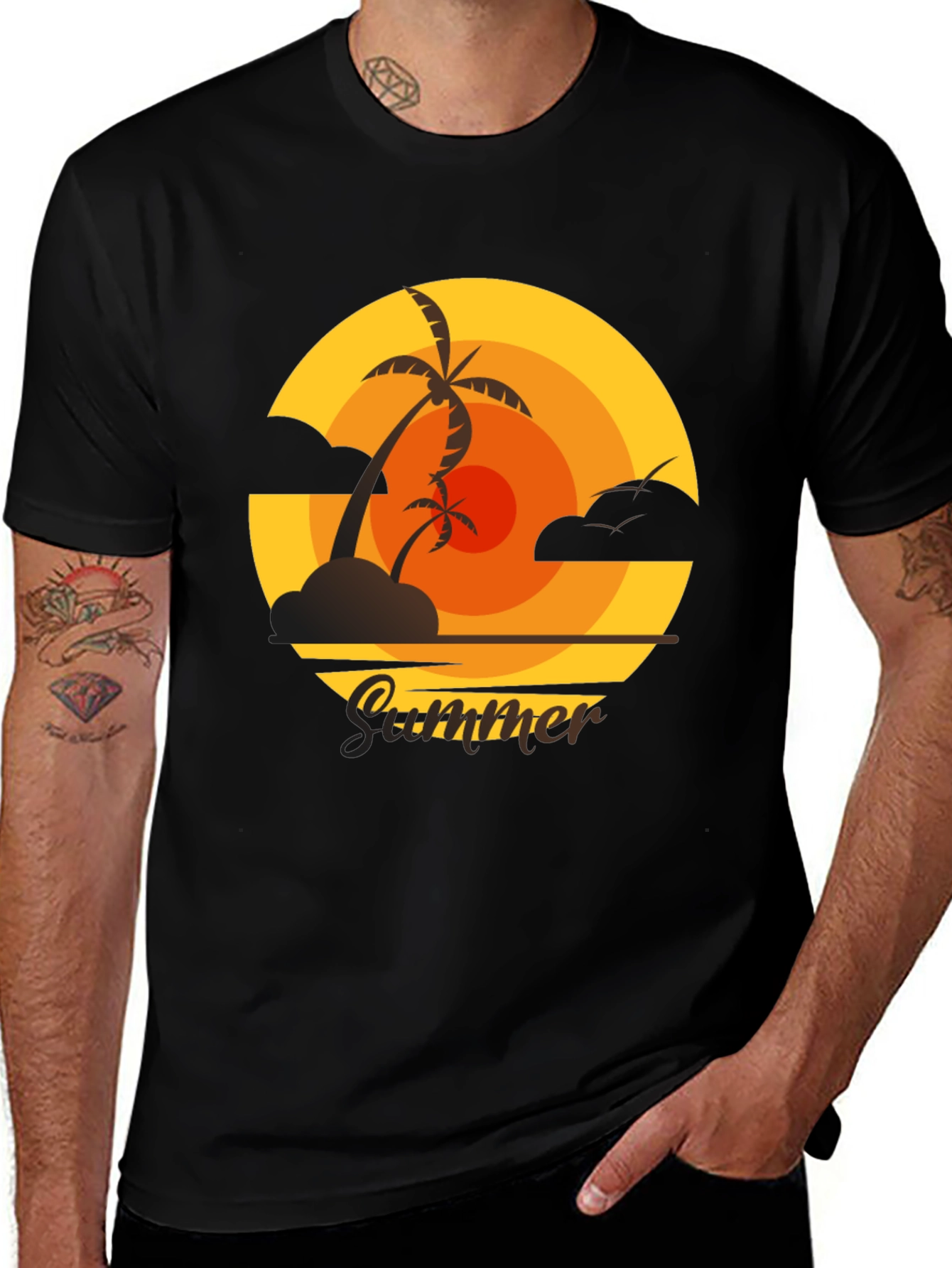 Summer Sunset Palm Tree Graphic Tee - Black Cotton T-Shirt