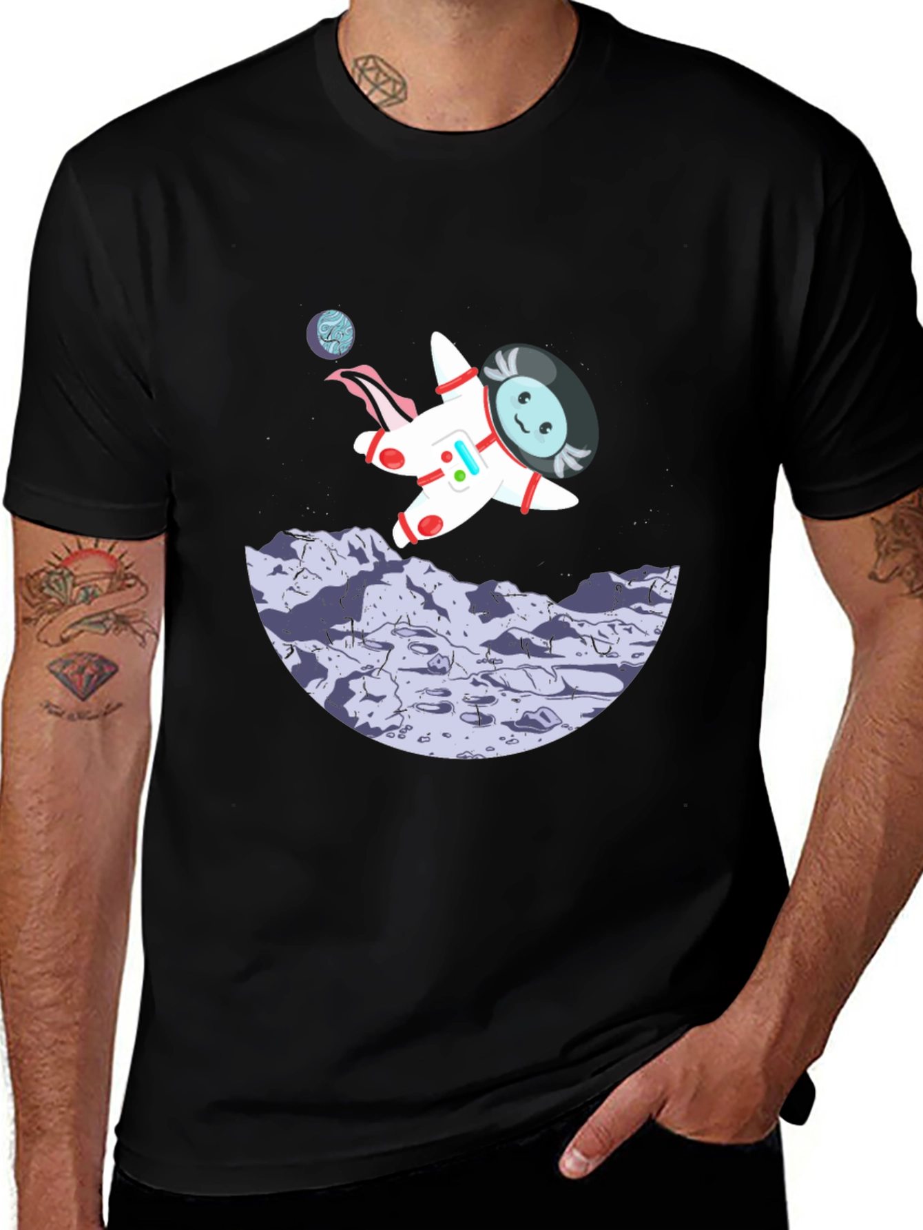 Variant 28 of Astronaut Cartoon Graphic Black T-Shirt