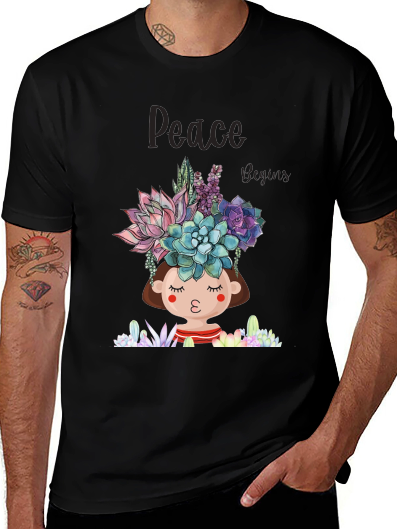 Peace Begins Succulent Girl Black T-Shirt
