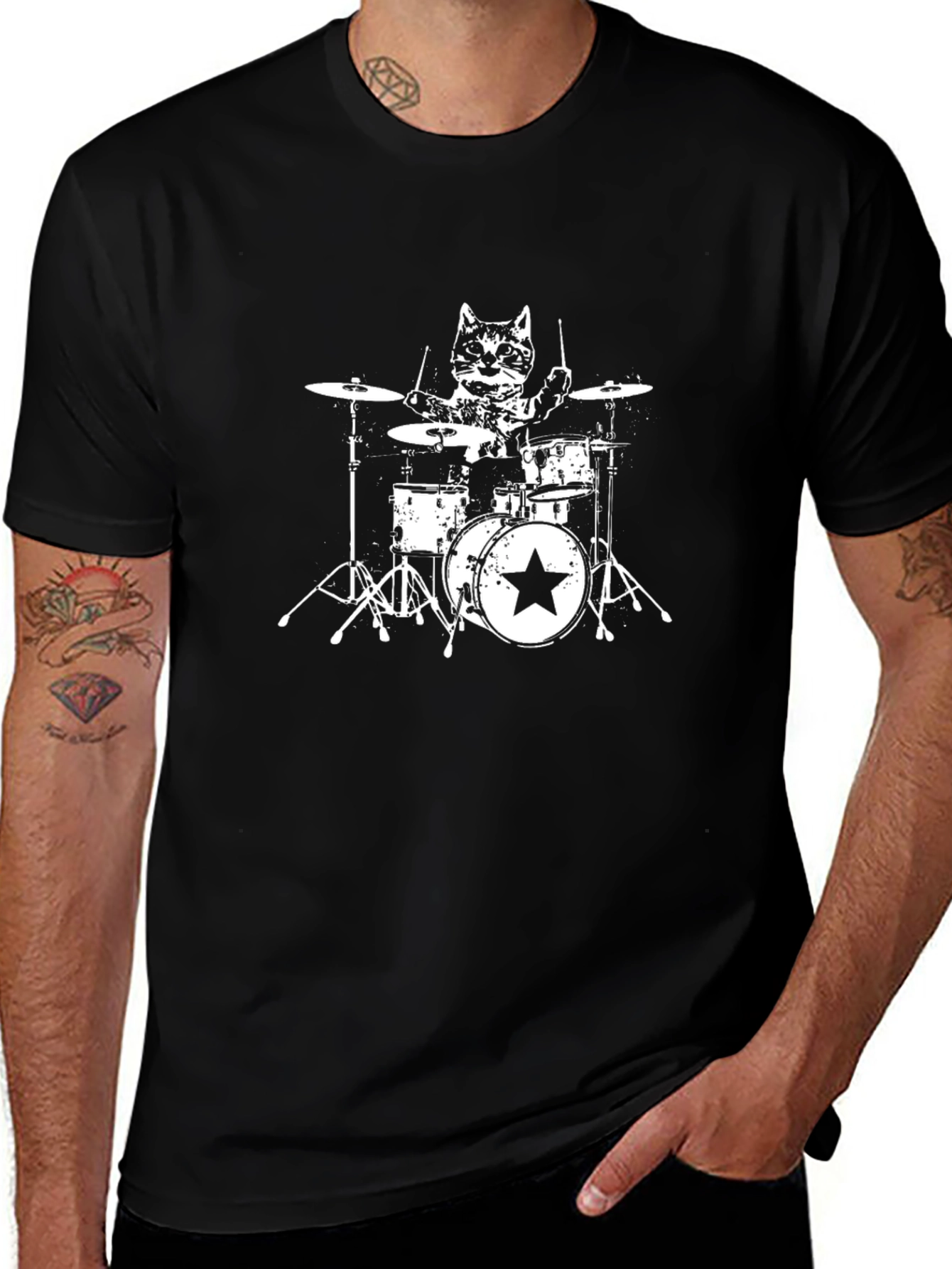 Variant 18 of Cat Drummer Black T-Shirt - Rock On!
