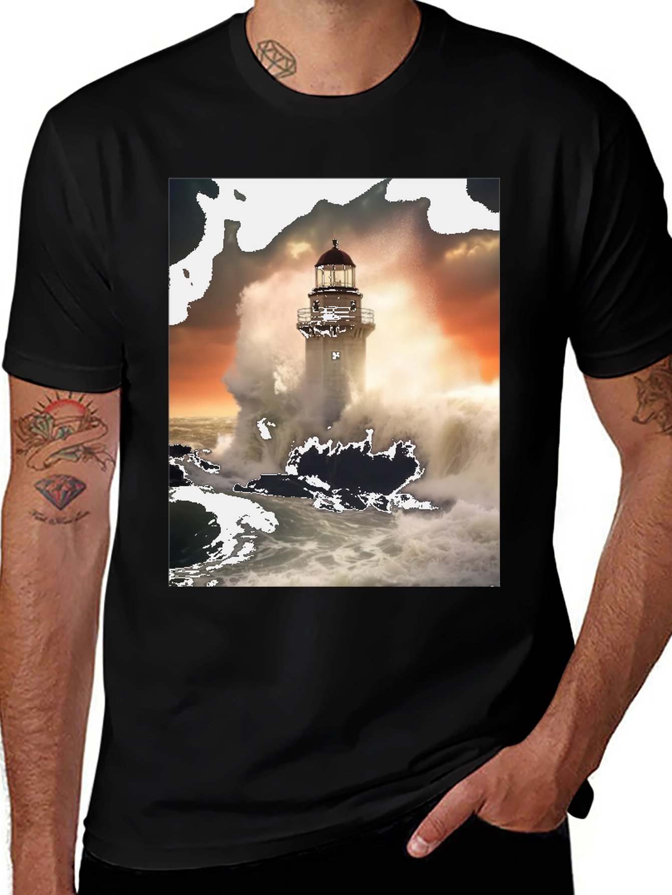 Variant 12 of Lighthouse Wave T-Shirt - Black Graphic Tee