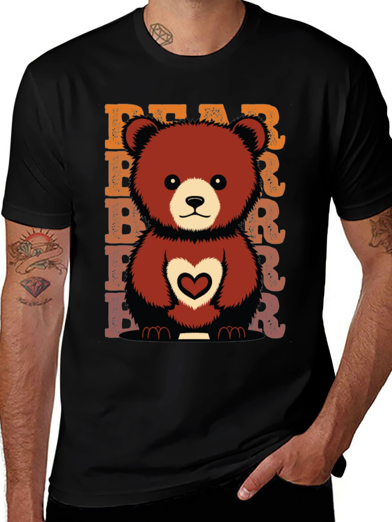 Variant 20 of Cute Bear Heart Graphic Tee - Black Cotton Blend Shirt