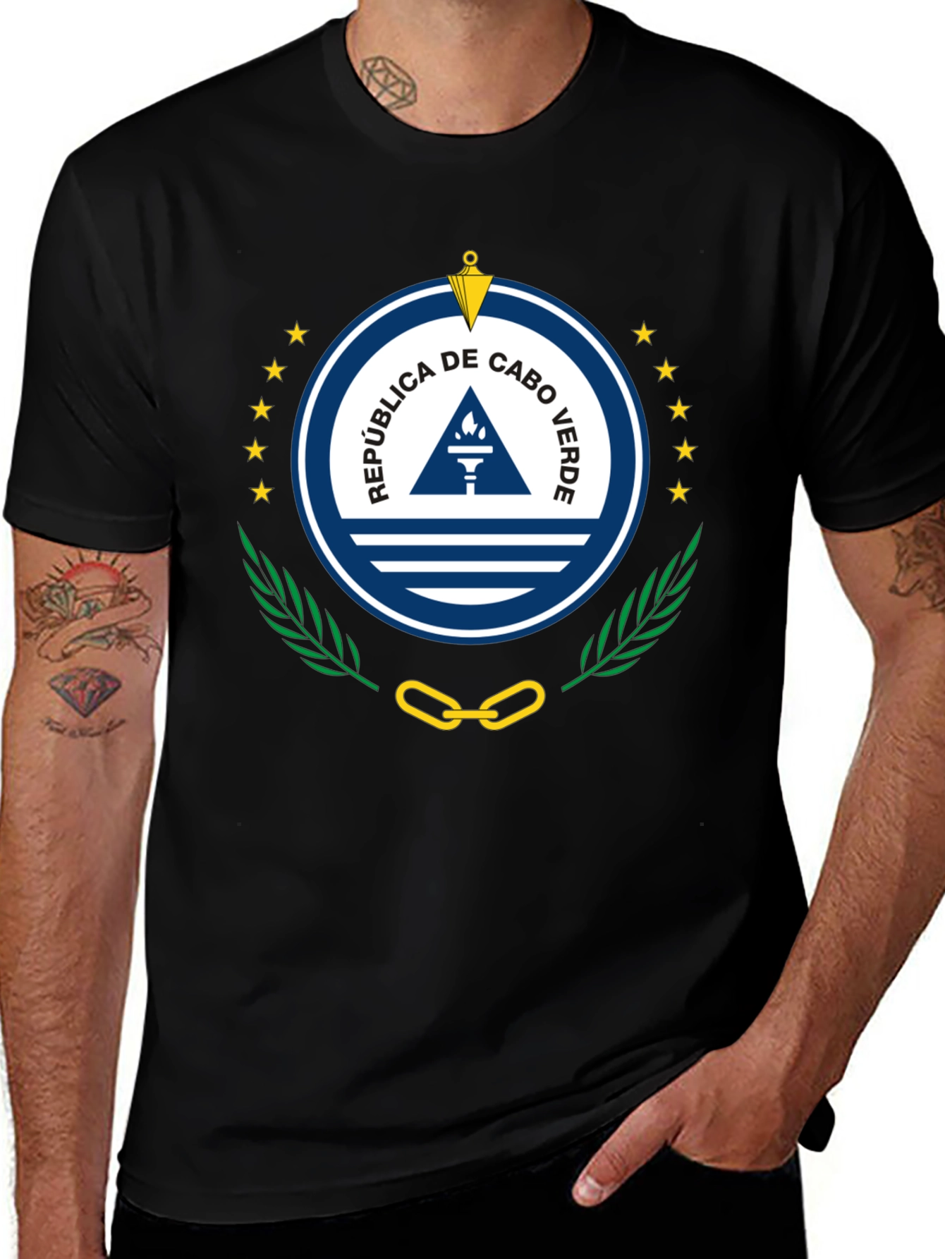Cape Verde Flag Emblem T-Shirt - Black Crew Neck Tee