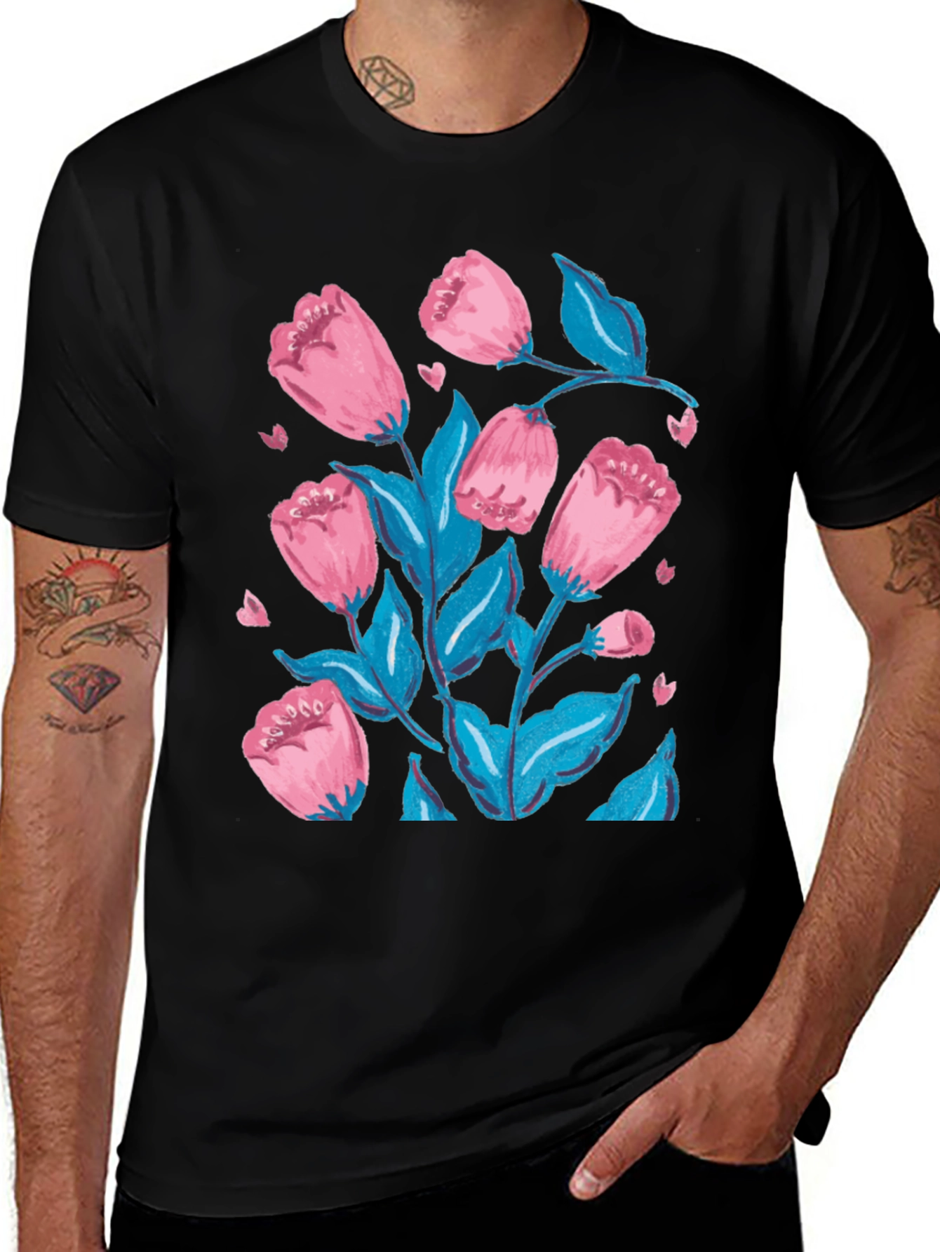 Variant 25 of Floral Print Graphic Tee - Pink Flowers on Black