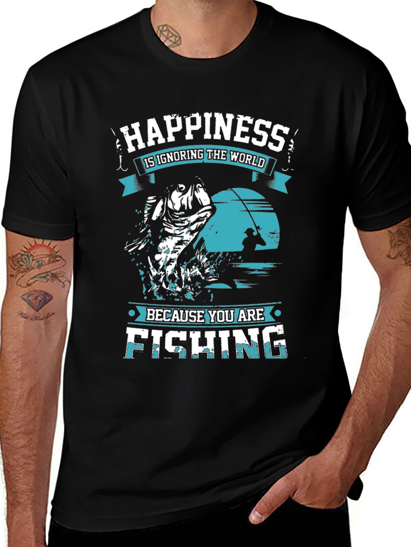 Happiness Fishing Graphic Tee - Black Cotton T-Shirt