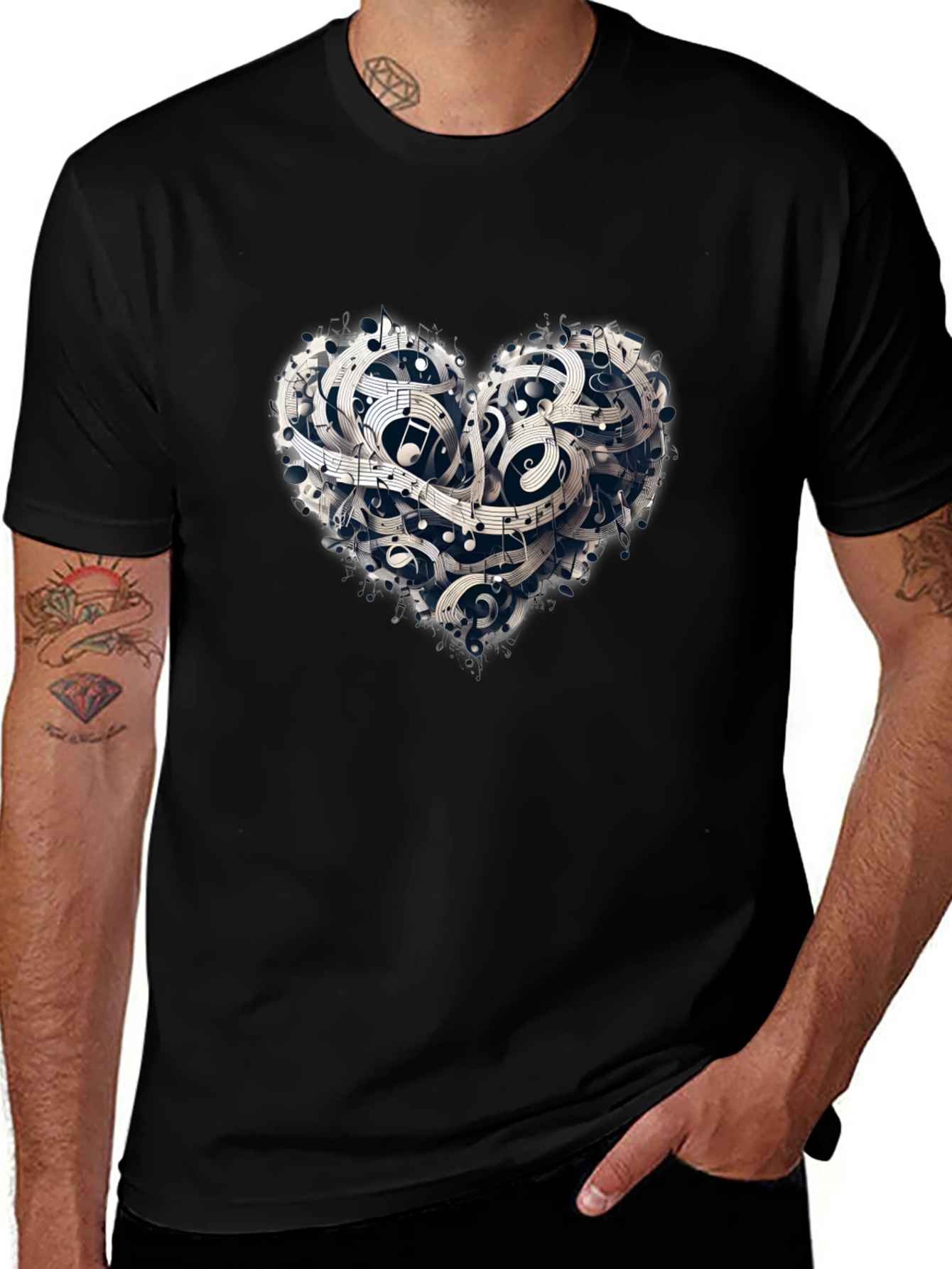 Variant 17 of Musical Heart Graphic T-Shirt - Black Cotton