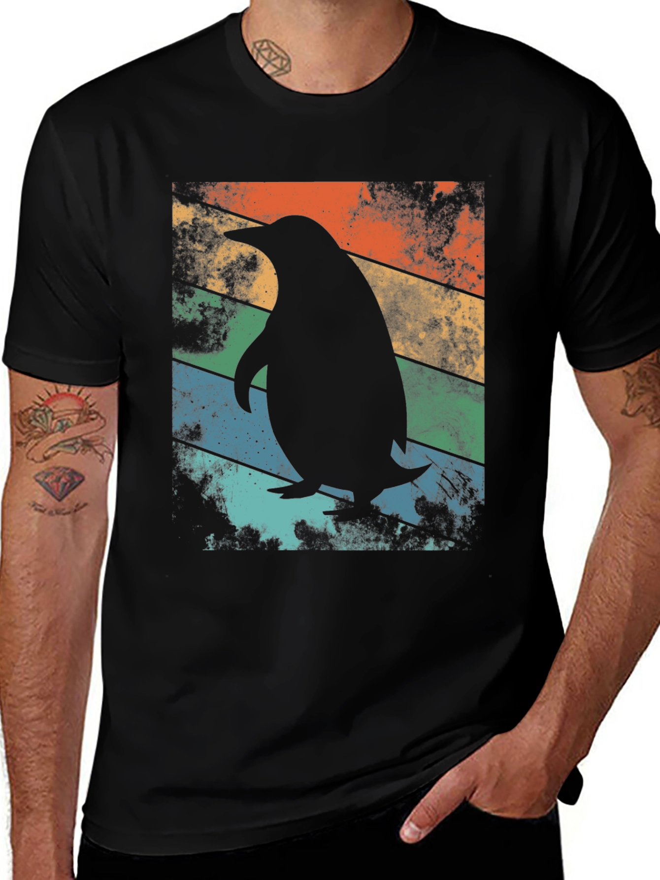 Variant 21 of Retro Penguin Graphic Tee - Cool Striped Design
