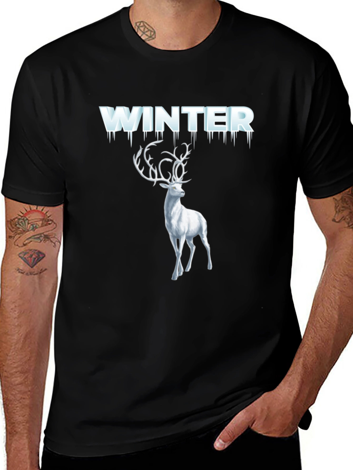 Variant 25 of Winter Deer Graphic Tee - Black Cotton T-Shirt