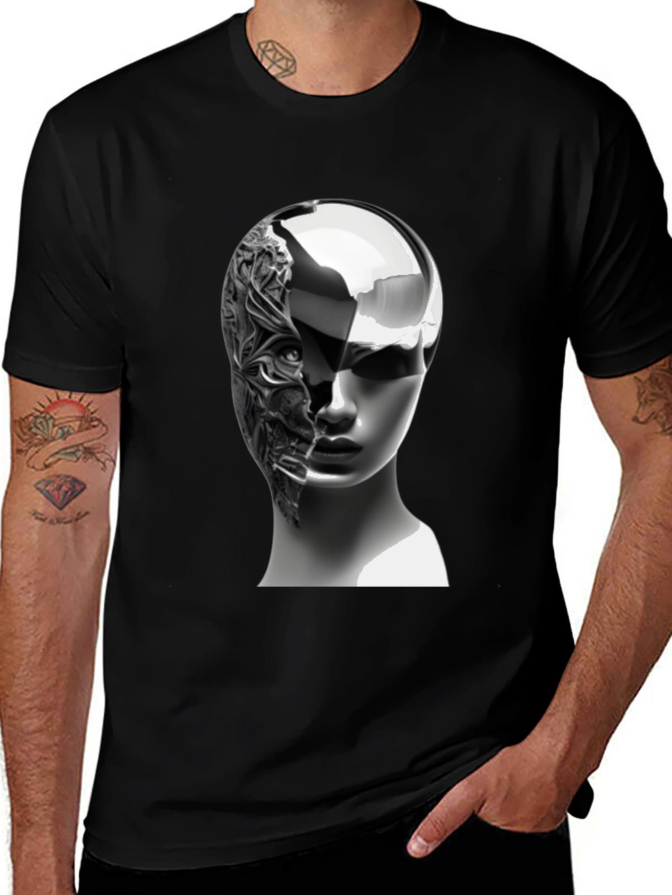 Variant 24 of Modern Art Tee - Half Face Sculpture Black Shirt