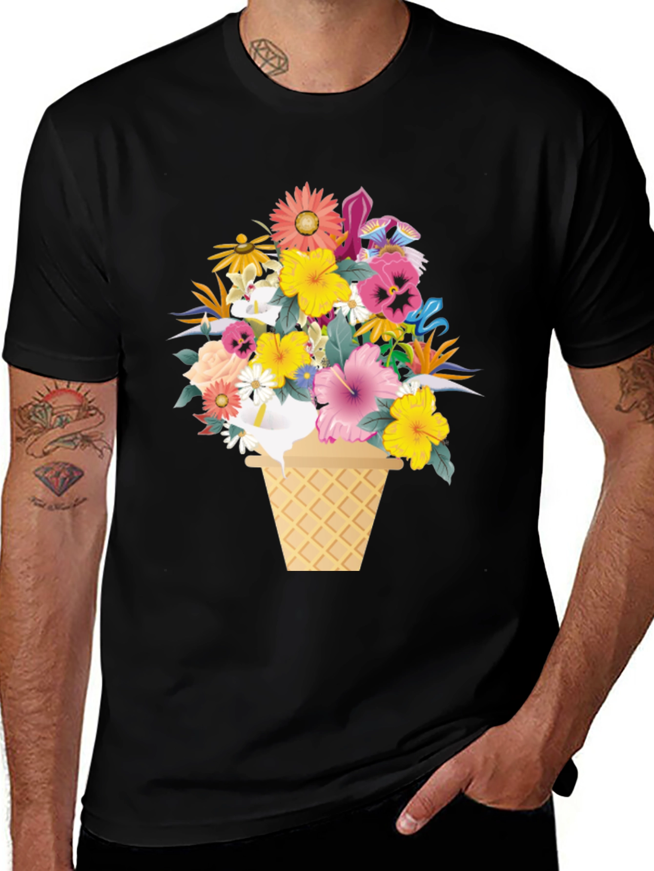 Variant 27 of Floral Ice Cream Cone Graphic Tee - Black