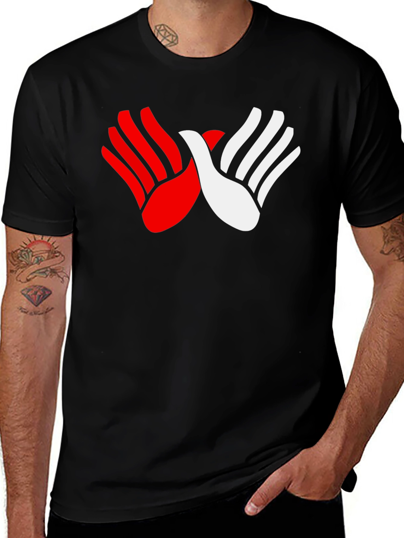Variant 26 of Red & White Hands Graphic Black T-Shirt