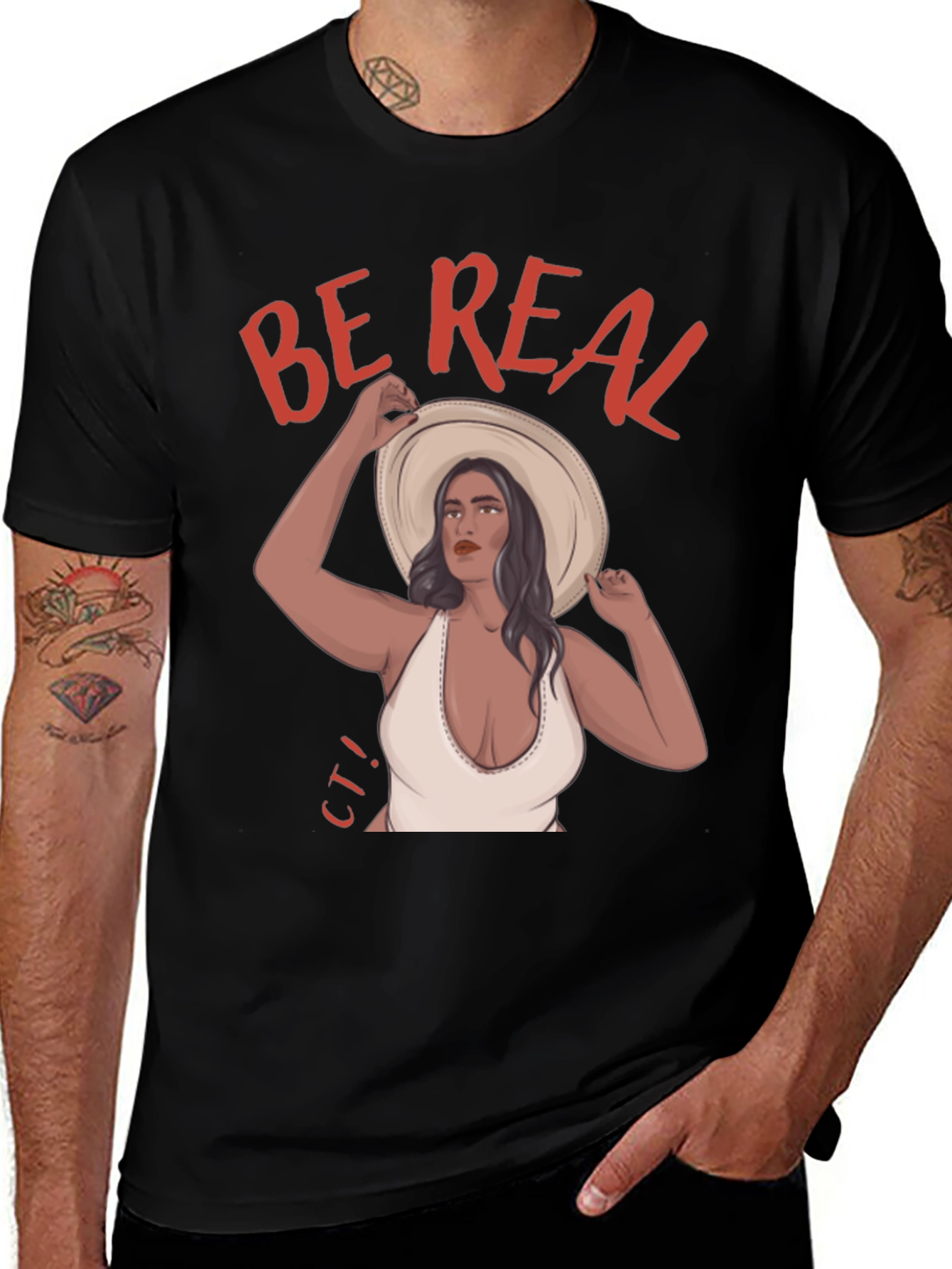 Variant 17 of Be Real Graphic T-Shirt - Black, Woman with Hat