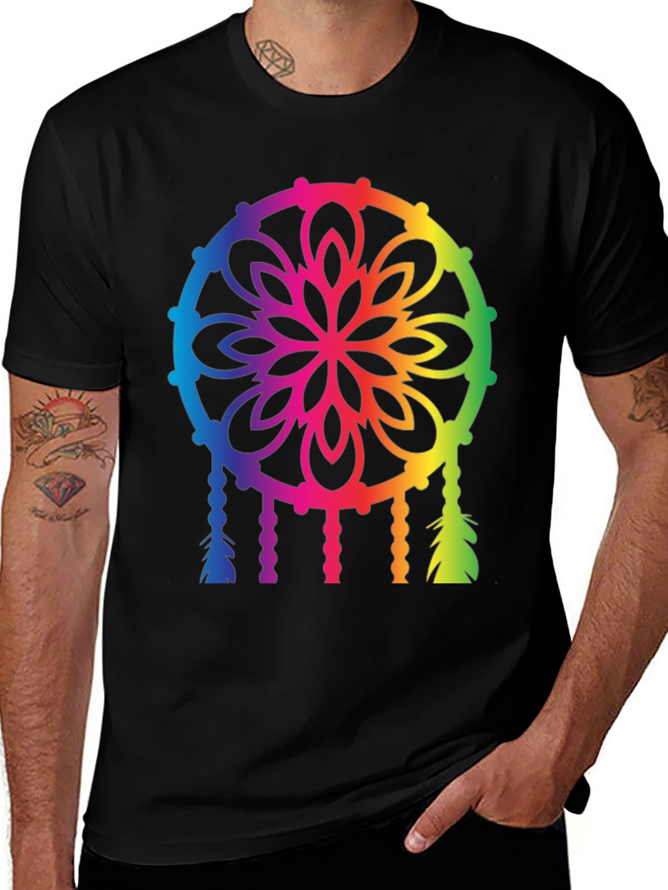 Variant 12 of Rainbow Dreamcatcher Graphic Tee - Black Cotton T-Shirt