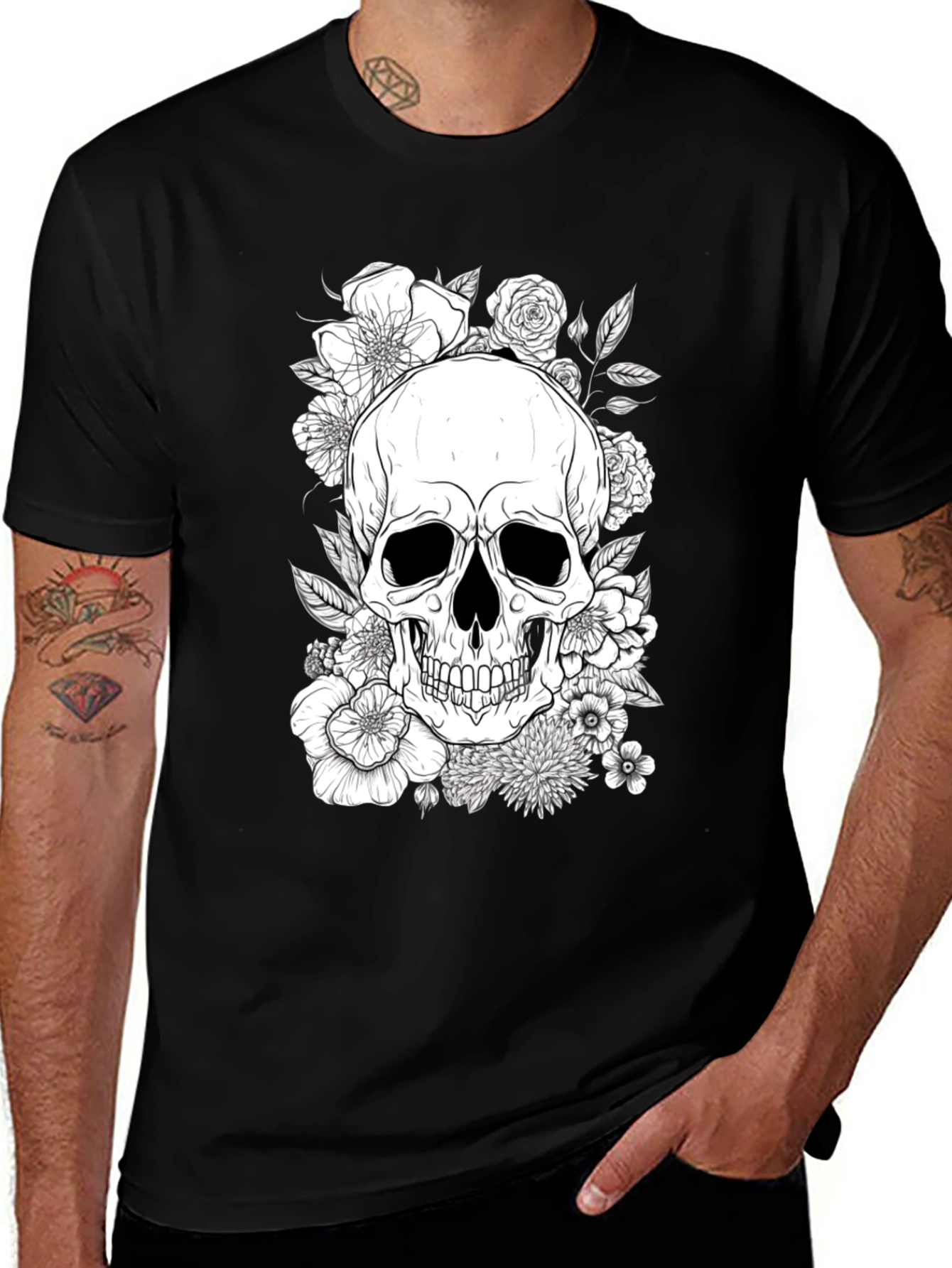 Variant 26 of Skull & Flowers Graphic Tee - Black