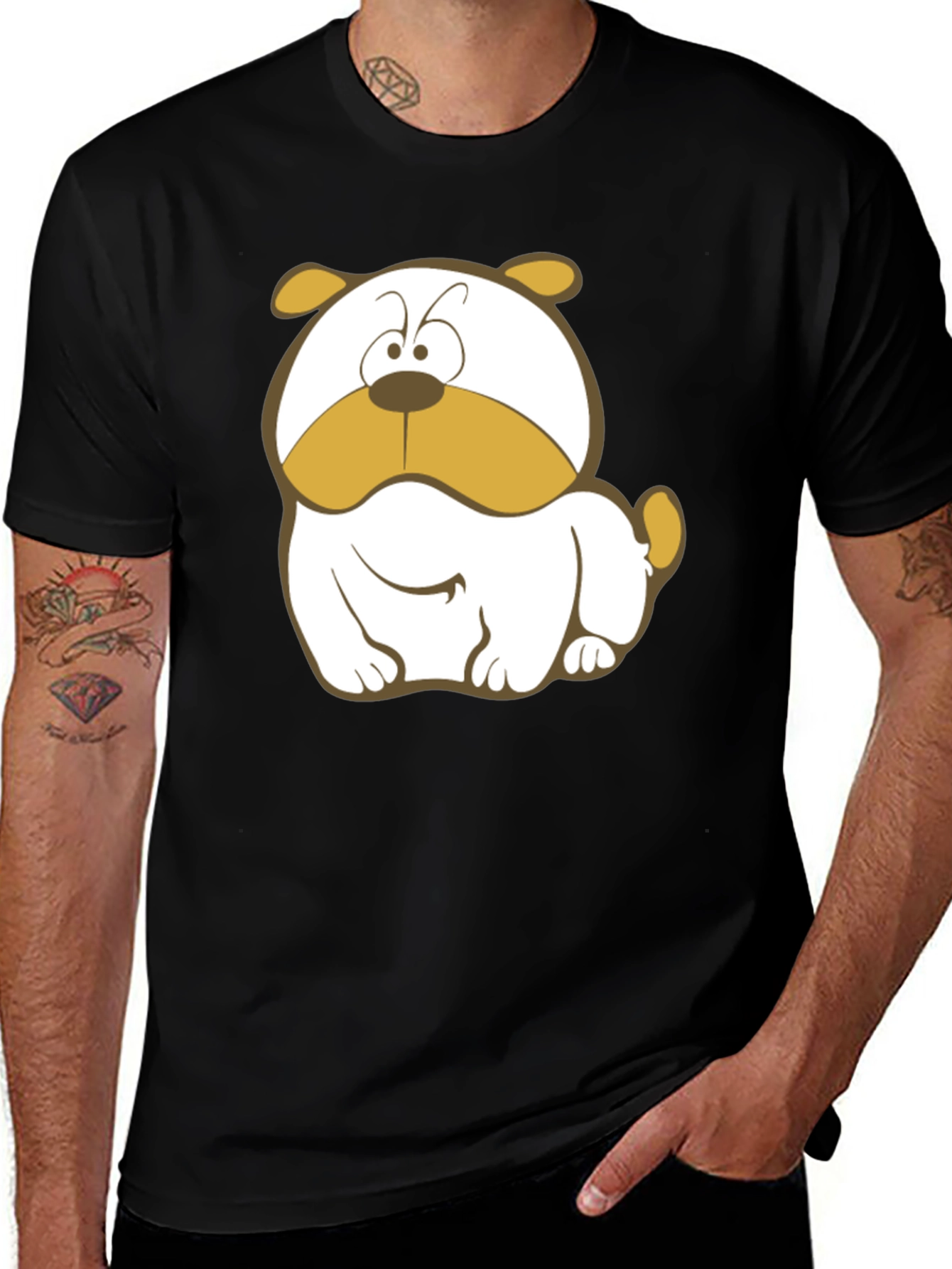 Variant 29 of Cartoon Bulldog Graphic Tee - Black Cotton T-Shirt