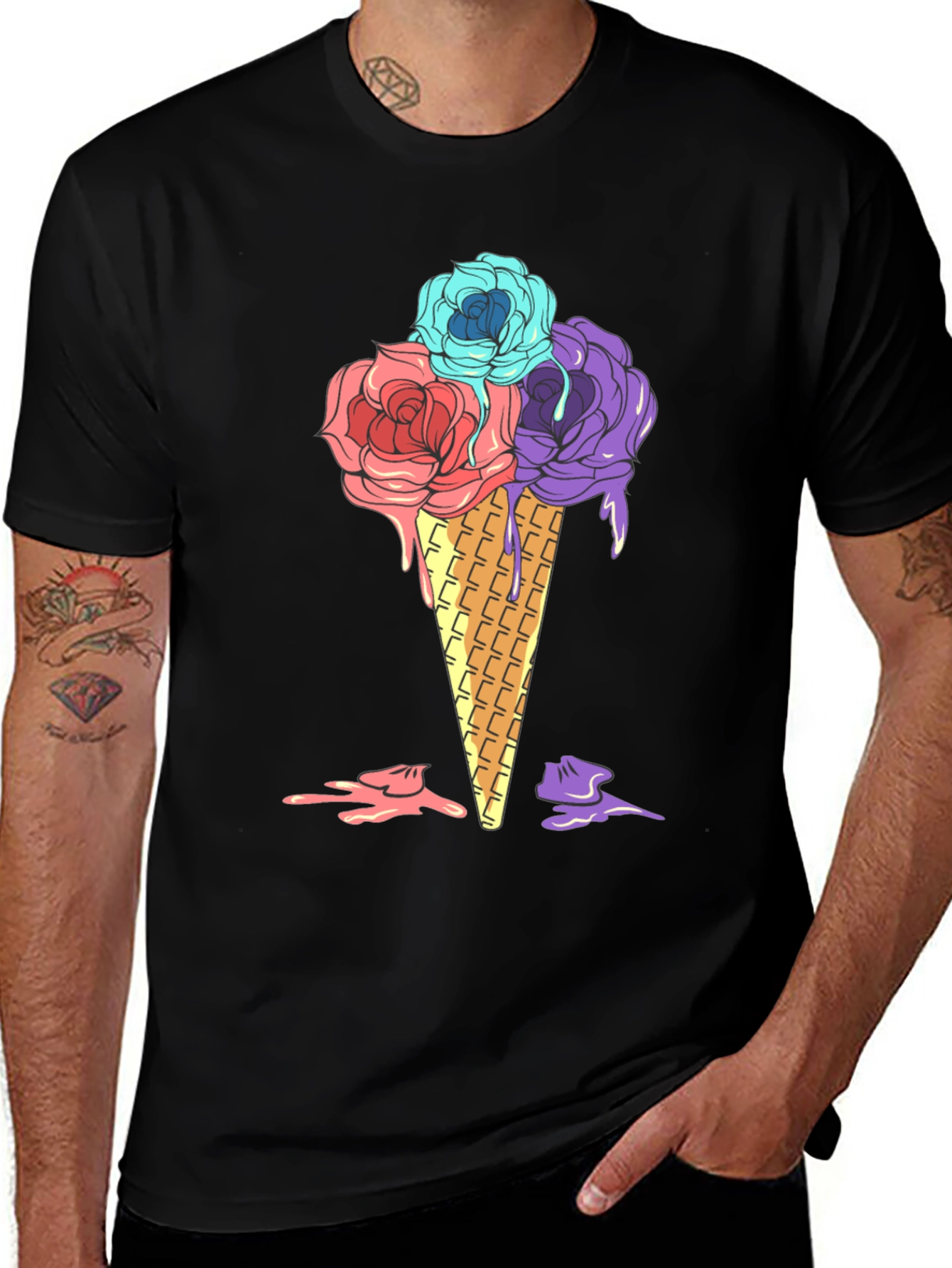 Variant 20 of Floral Ice Cream Cone Graphic Tee - Black Cotton