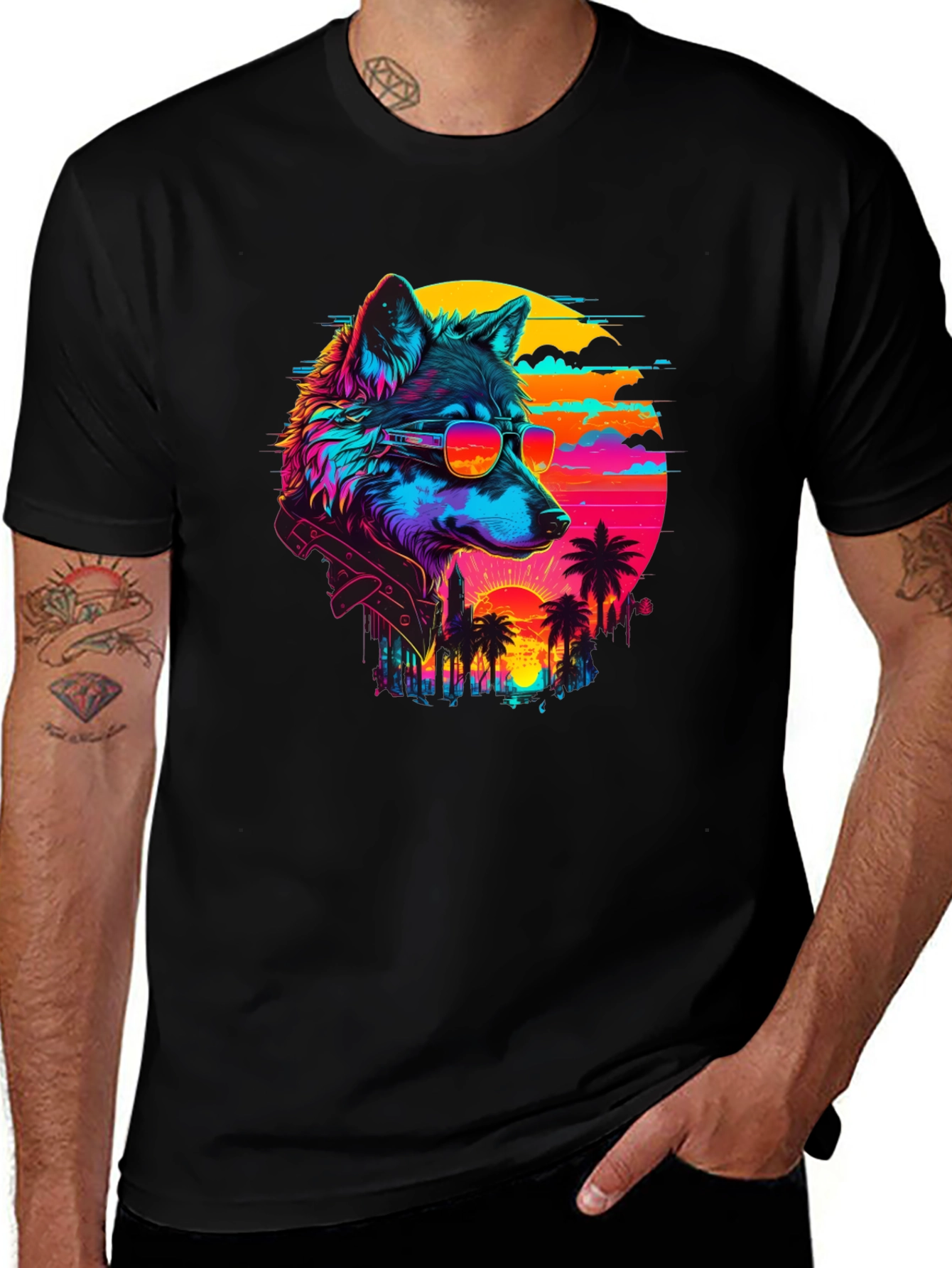 Variant 24 of Retro Wolf Graphic Tee - Black Cotton T-Shirt
