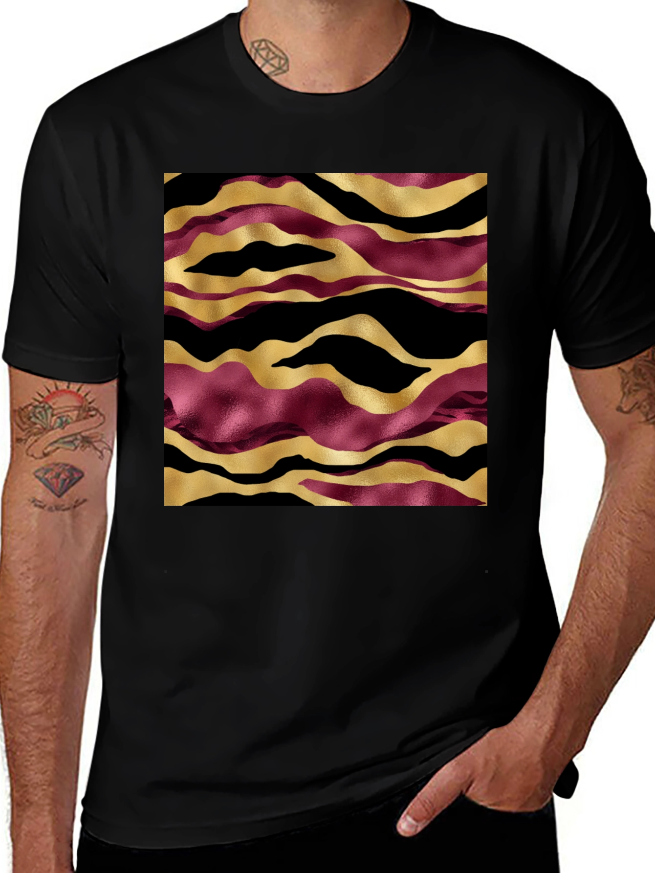 Stylish Black T-Shirt with Abstract Gold & Burgundy Pattern