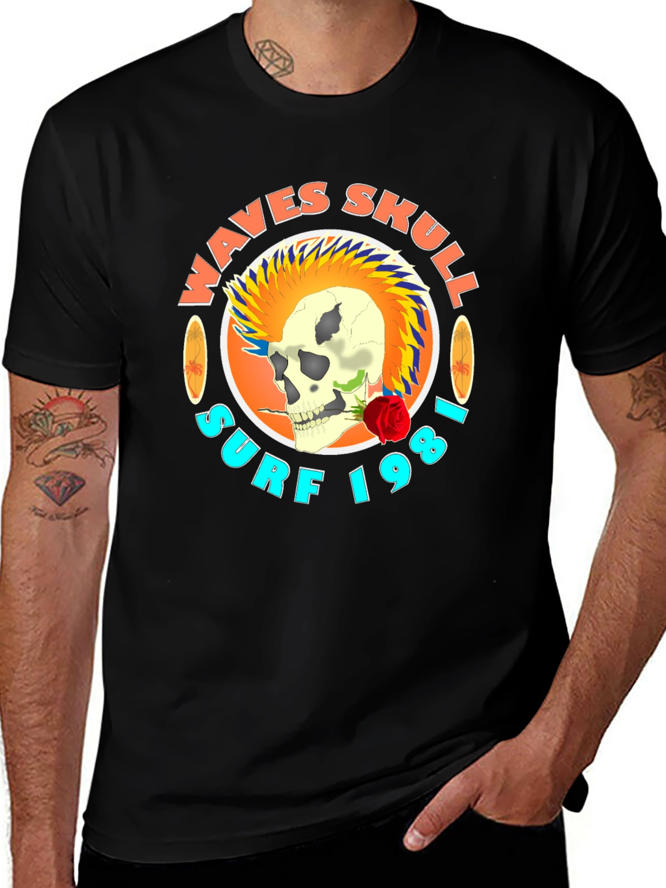 Waves Skull Surf 1981 Black Graphic Tee