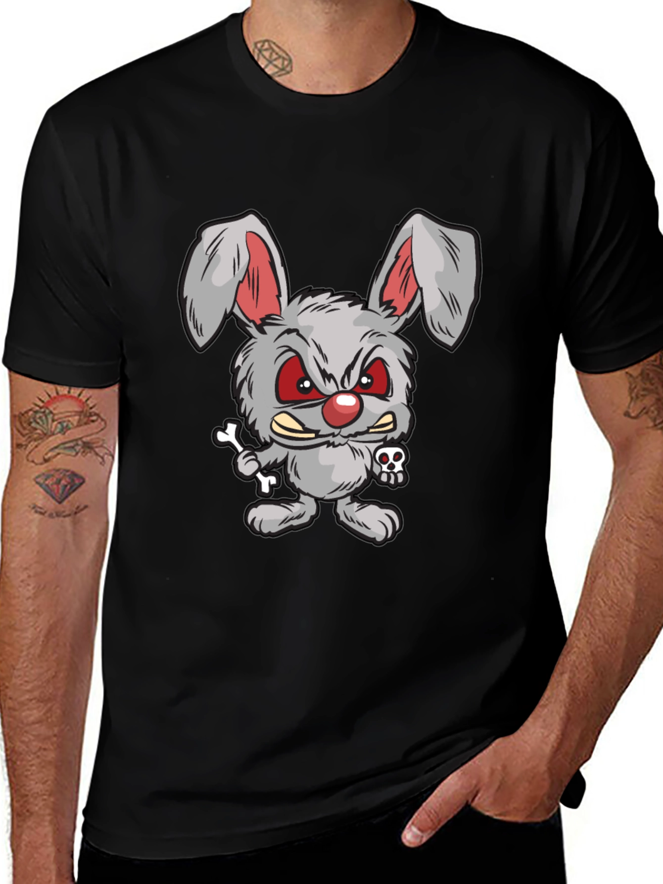 Variant 3 of Men's Black T-Shirt with Evil Bunny Design