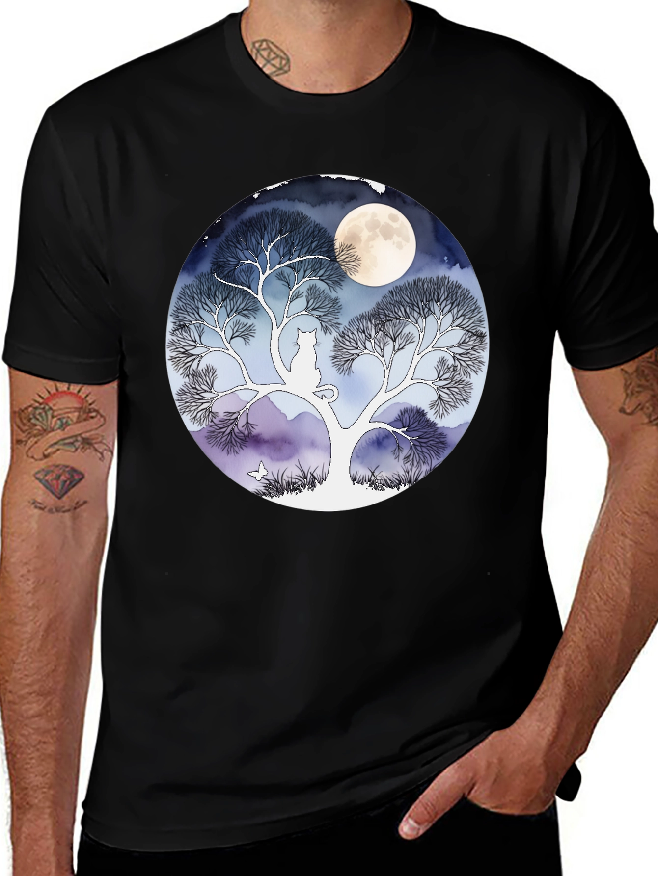 Variant 21 of Moonlit Cat Tree Graphic Tee - Black