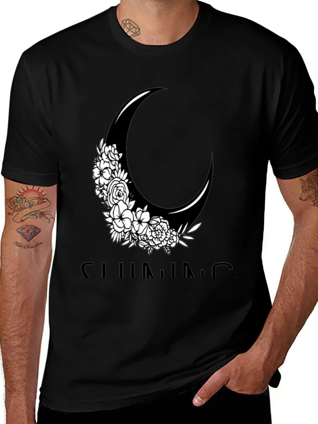 Variant 6 of Floral Crescent Moon Graphic Tee - Black Cotton Casual Shirt