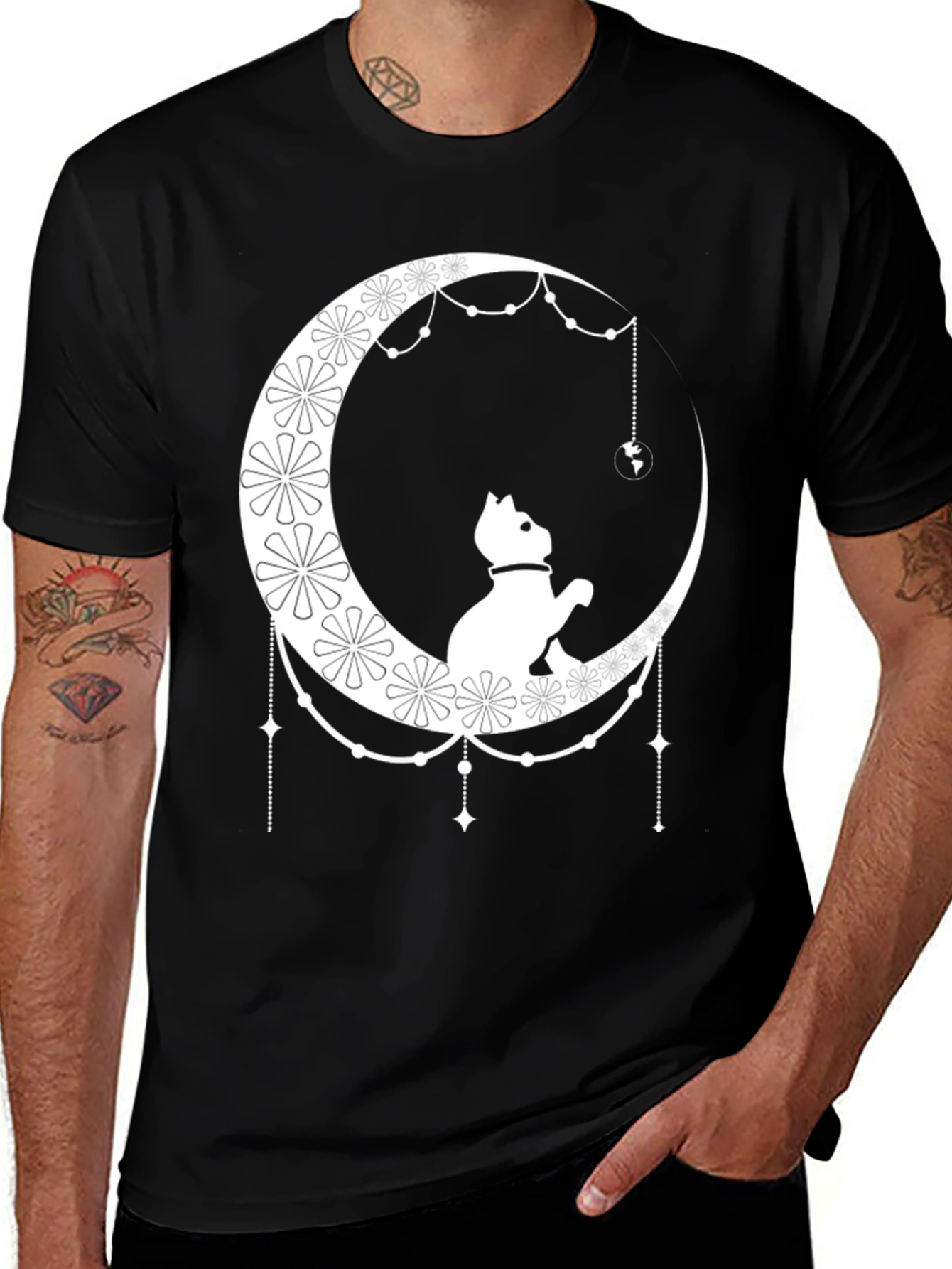 Variant 27 of Cat on Moon Graphic Tee - Stylish Black T-Shirt