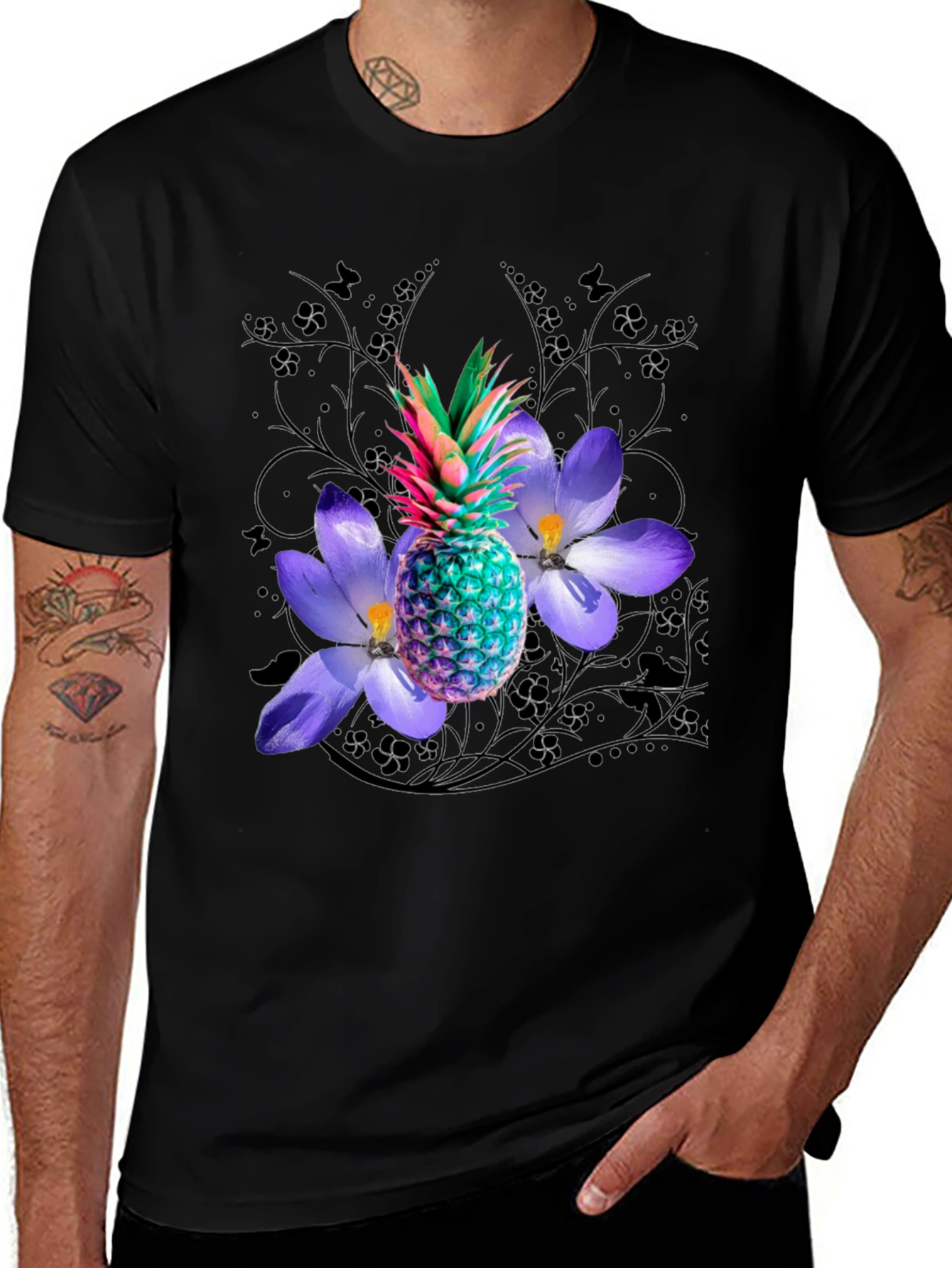Variant 22 of Tropical Pineapple Floral Print Black T-Shirt