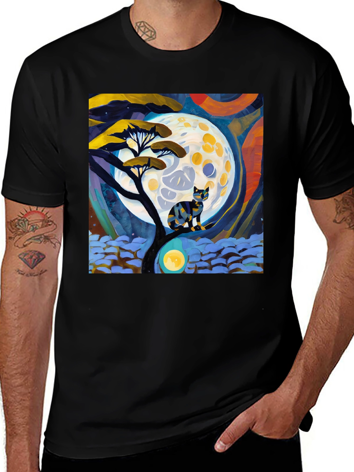 Variant 13 of Cat in Starry Night T-Shirt: Artistic Style