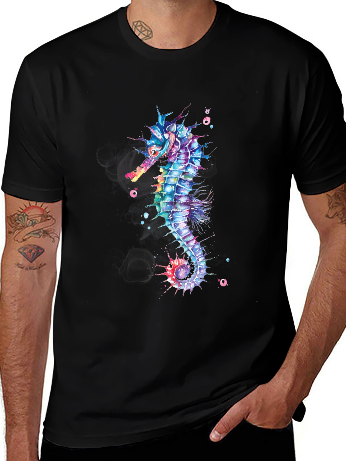 Variant 7 of Colorful Seahorse Graphic Black T-Shirt