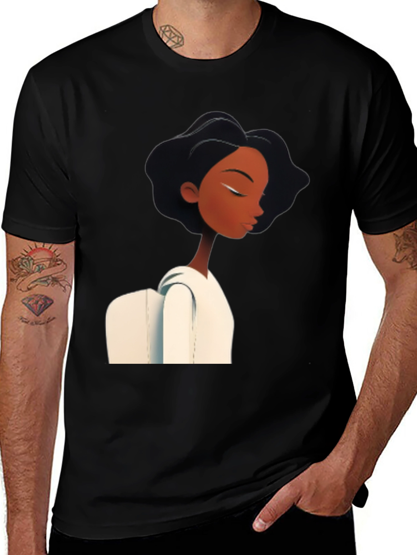 Variant 22 of Stylish Black Graphic Tee - Woman with White Collar