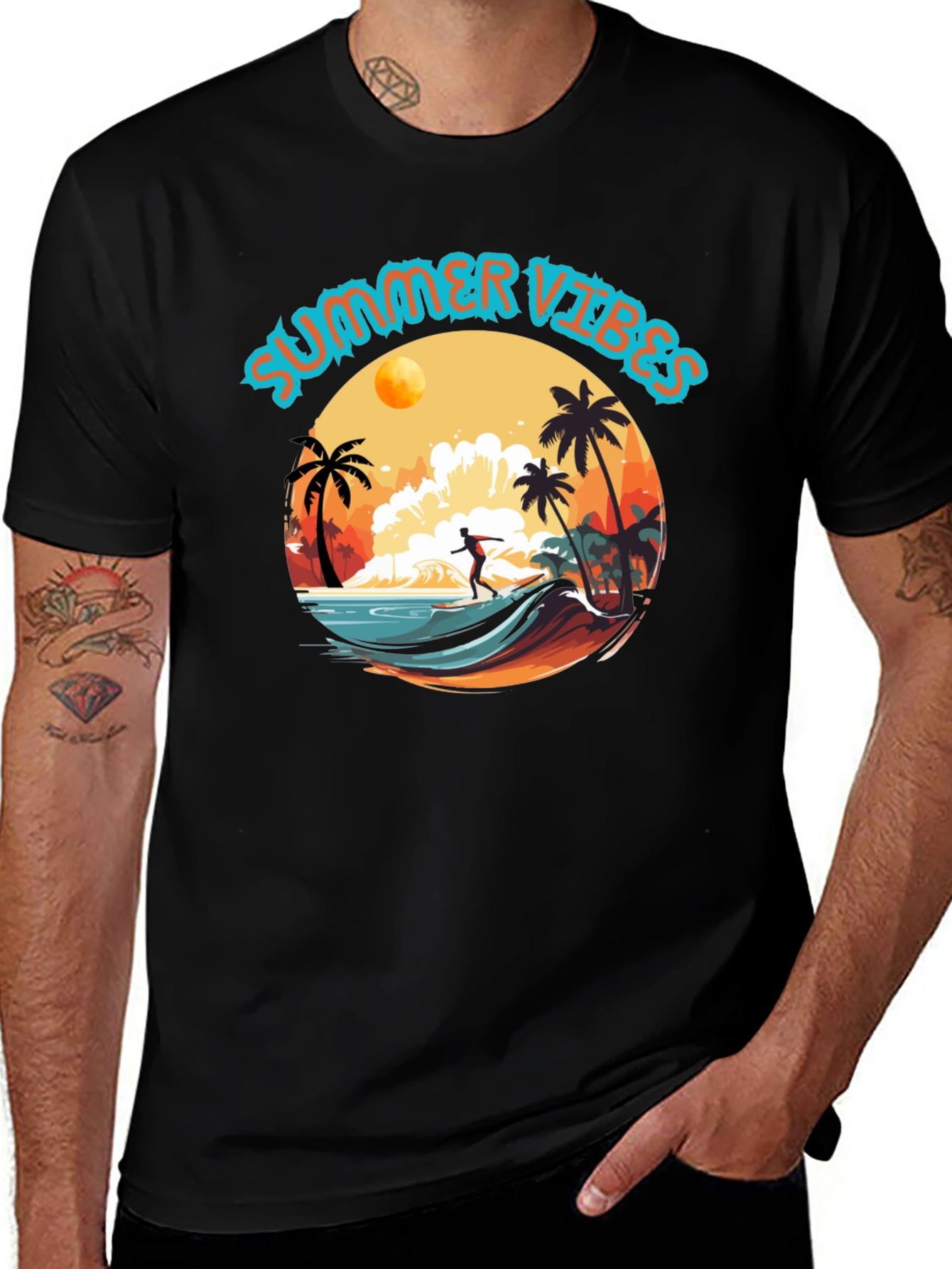 Variant 23 of Summer Vibes Black Graphic T-Shirt Surfer Design