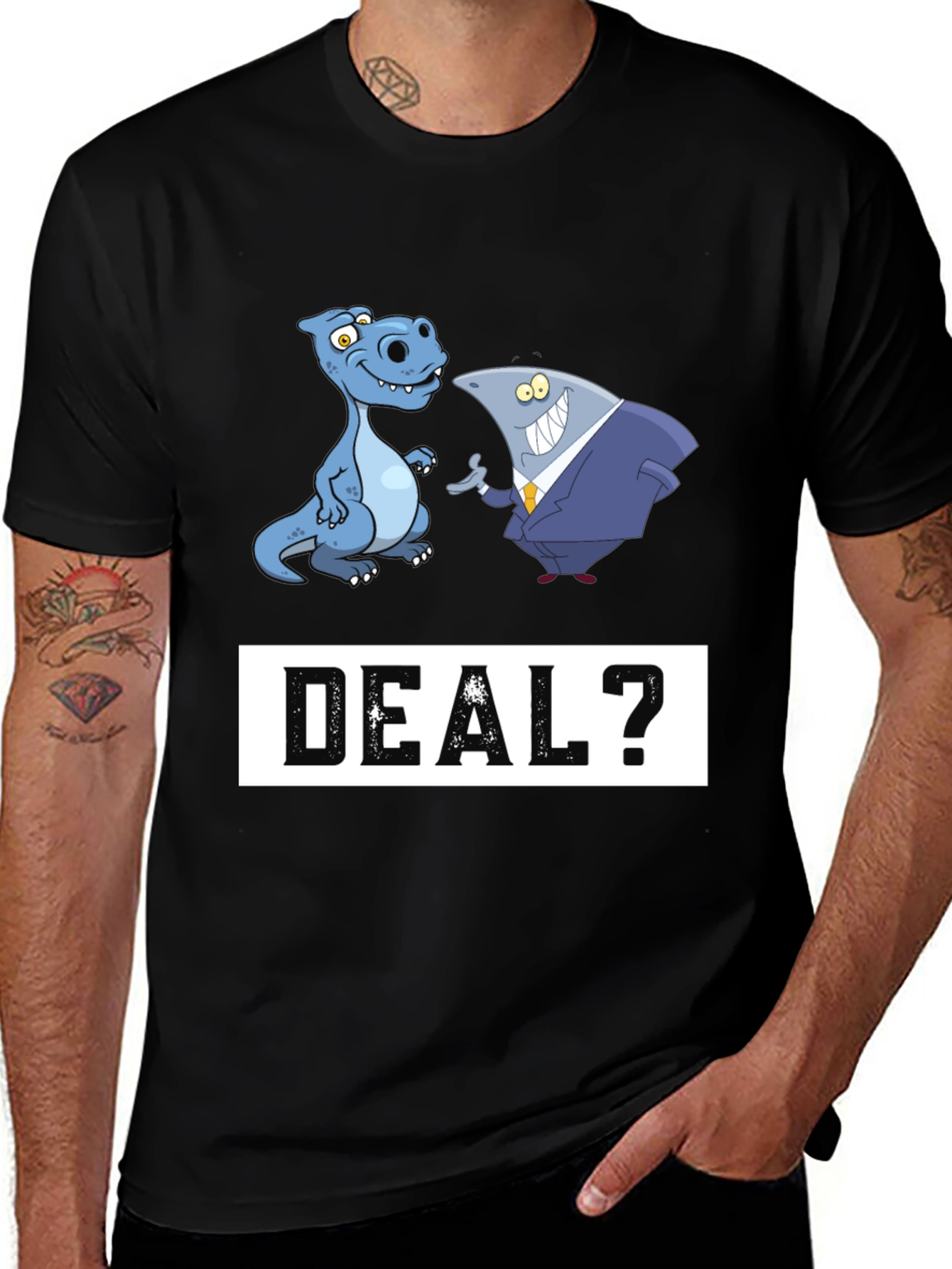 Dino Shark Deal T-Shirt Funny Cartoon Tee