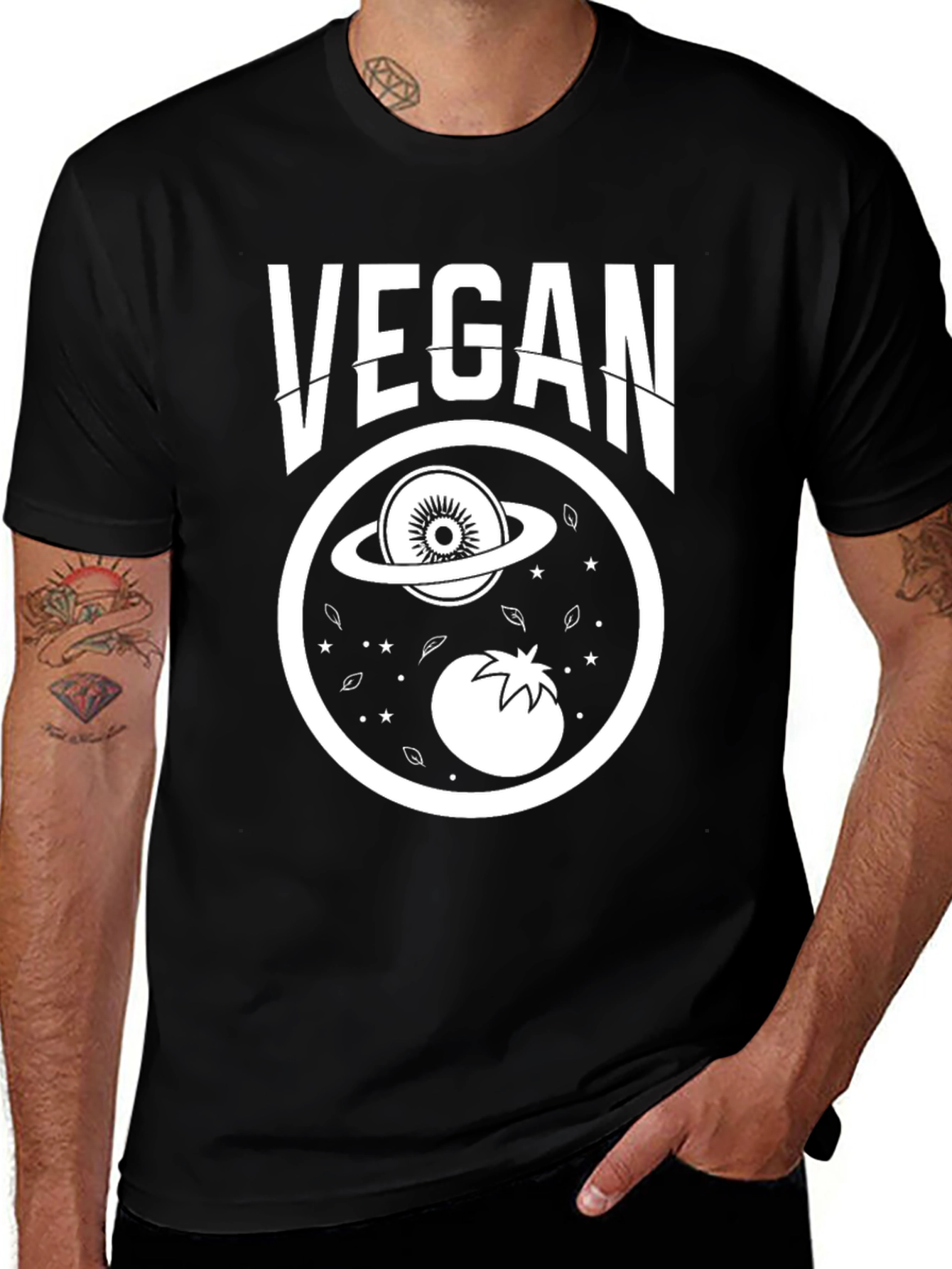 Variant 29 of Vegan T-Shirt - Planet Kiwi and Tomato Design