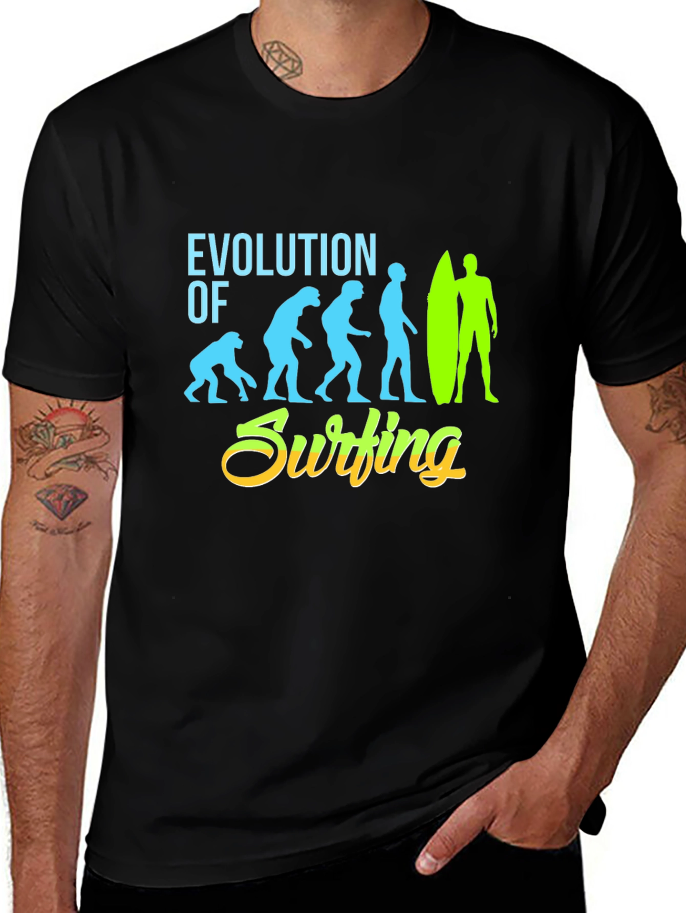Variant 26 of Evolution of Surfing Graphic Tee - Black Cotton T-Shirt