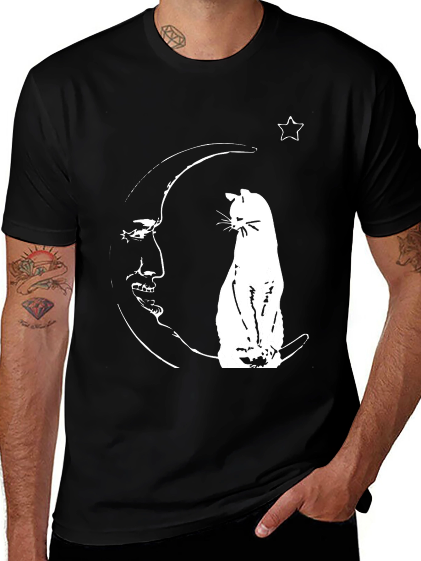 Variant 21 of Cat On Moon Graphic Tee - Black Cotton Shirt