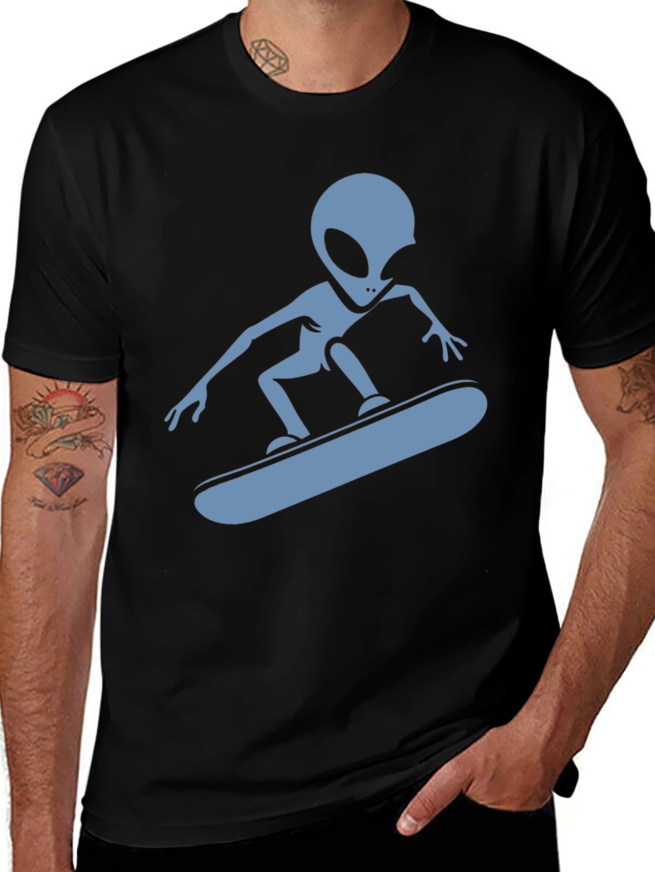 Variant 13 of Skateboarding Alien Graphic T-Shirt - Black Cotton Tee