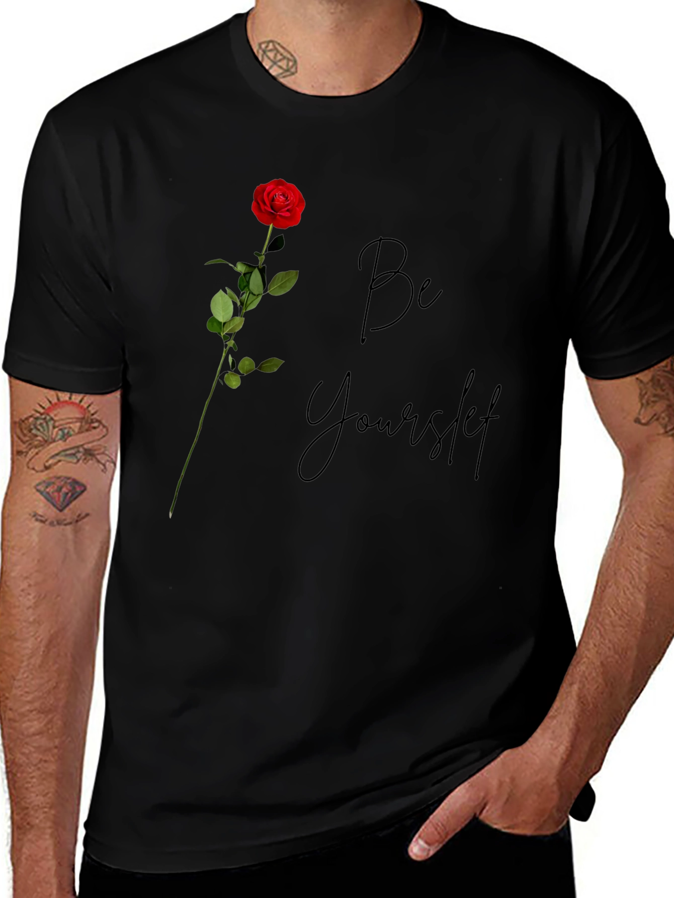 Be Yourself Rose Graphic Tee - Stylish Men's Black T-Shirt