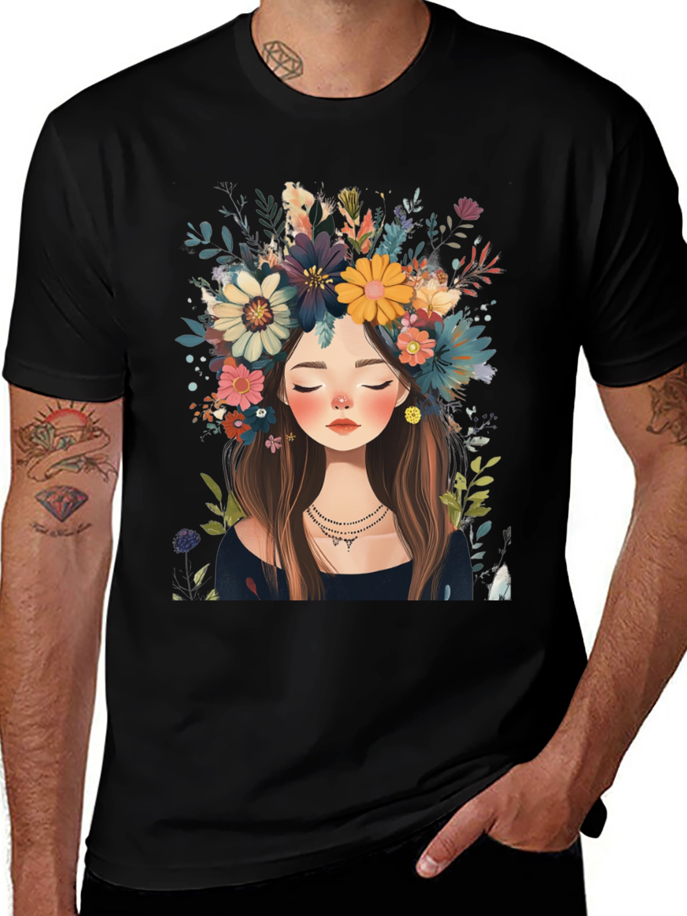 Black Floral Crown Girl Black T-Shirt main image