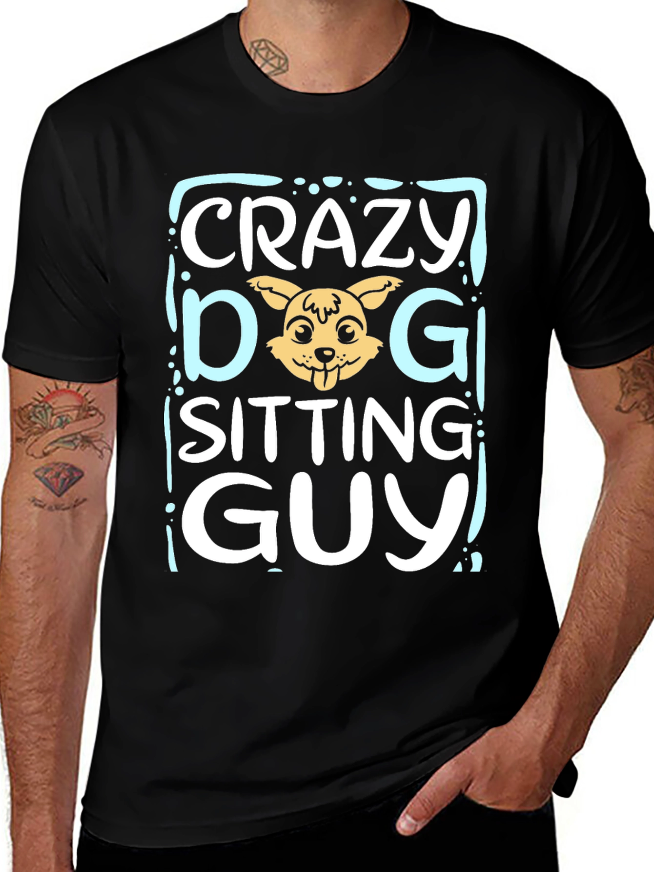 Variant 17 of Crazy Dog Sitting Guy Black Graphic T-Shirt